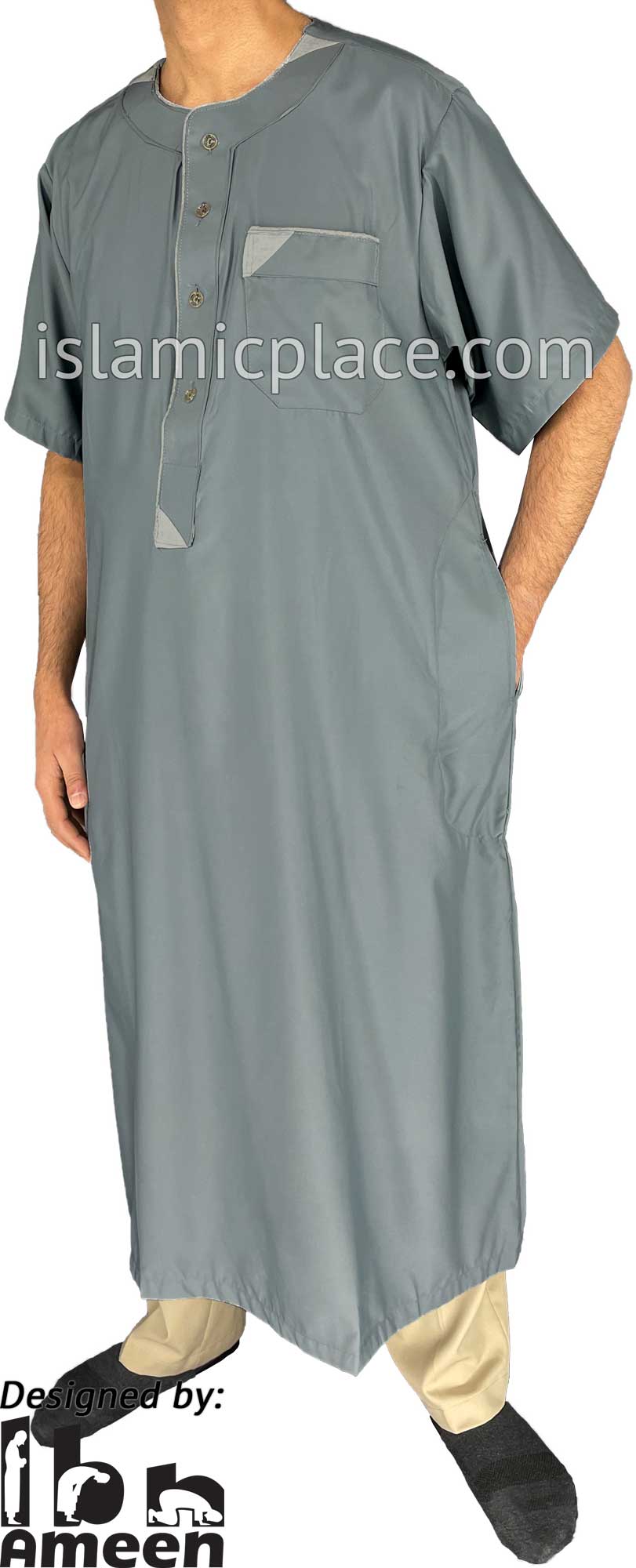 Gray - Munir Style Men Short Sleeve Thob by Ibn Ameen