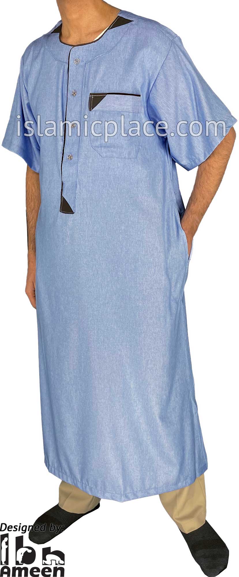 Heather Blue - Munir Style Men Short Sleeve Thob by Ibn Ameen