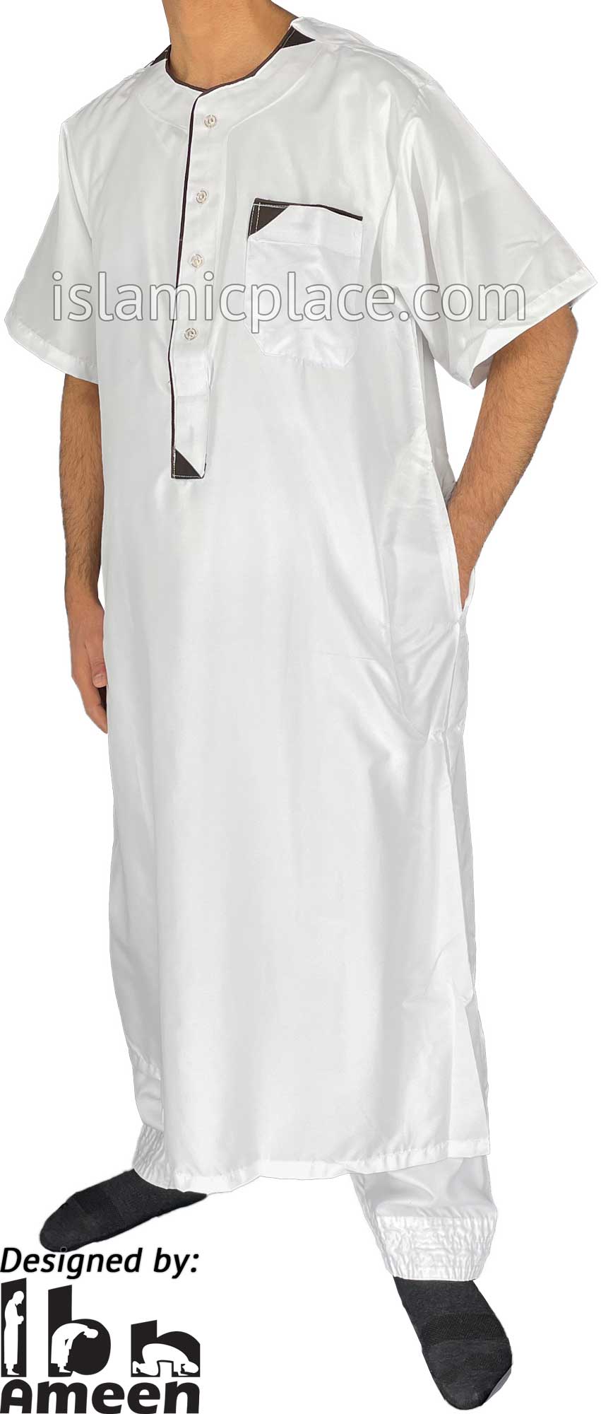 White - Munir Style Men Short Sleeve Thob by Ibn Ameen
