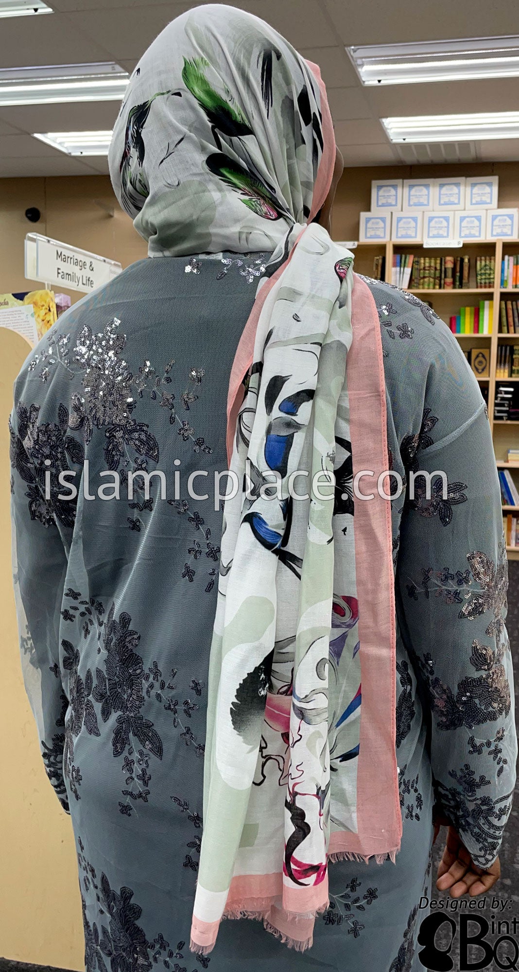 Pink, Sage Green, Navy Blue and Black Japanese Floral Garden - Soft Viscose Printed Shayla Long Rectangle Hijab 34"x72"