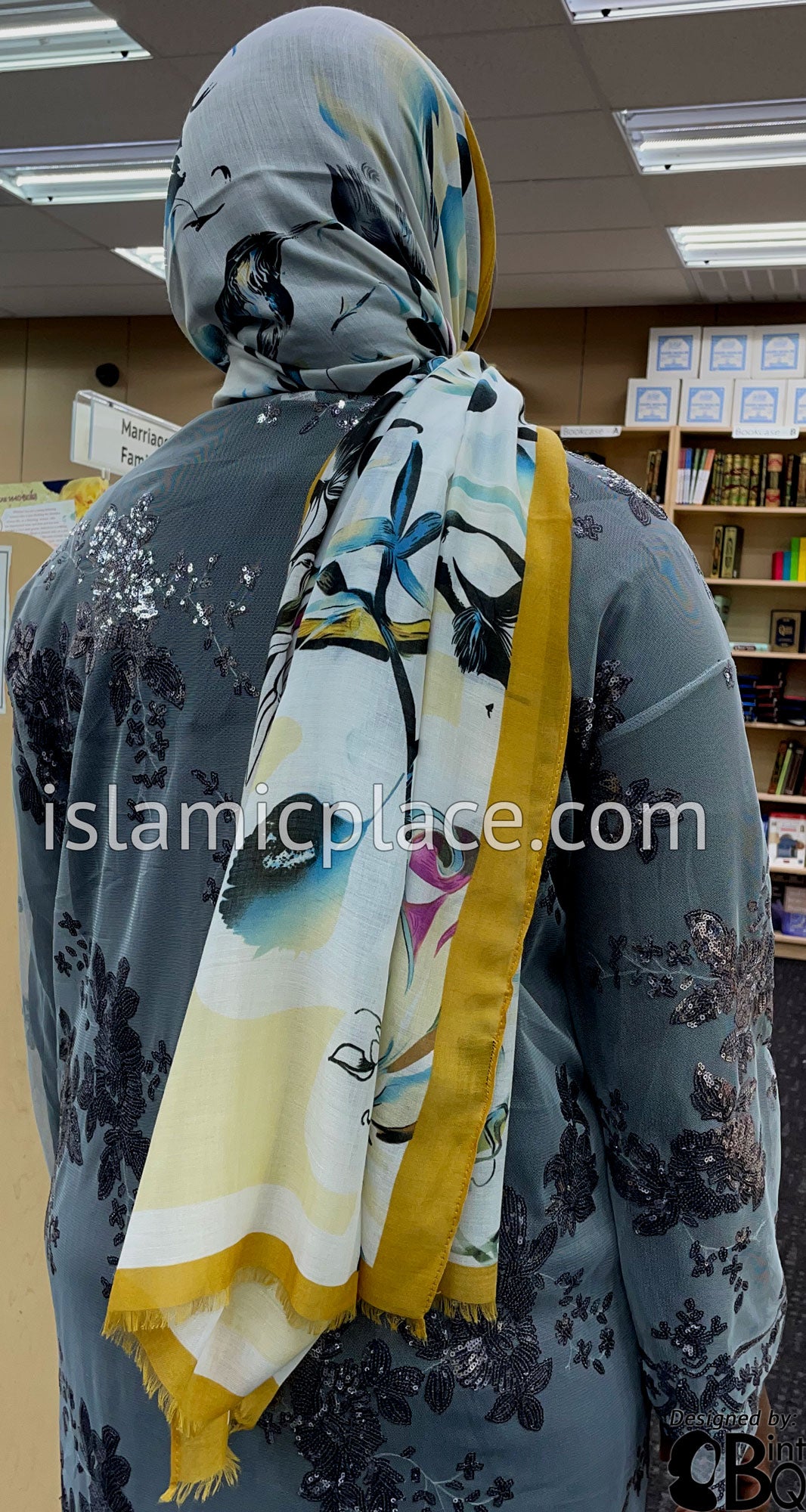 Gold, Yellow, Blue, Pink, Green and Black Japanese Floral Garden - Soft Viscose Printed Shayla Long Rectangle Hijab 34"x72"