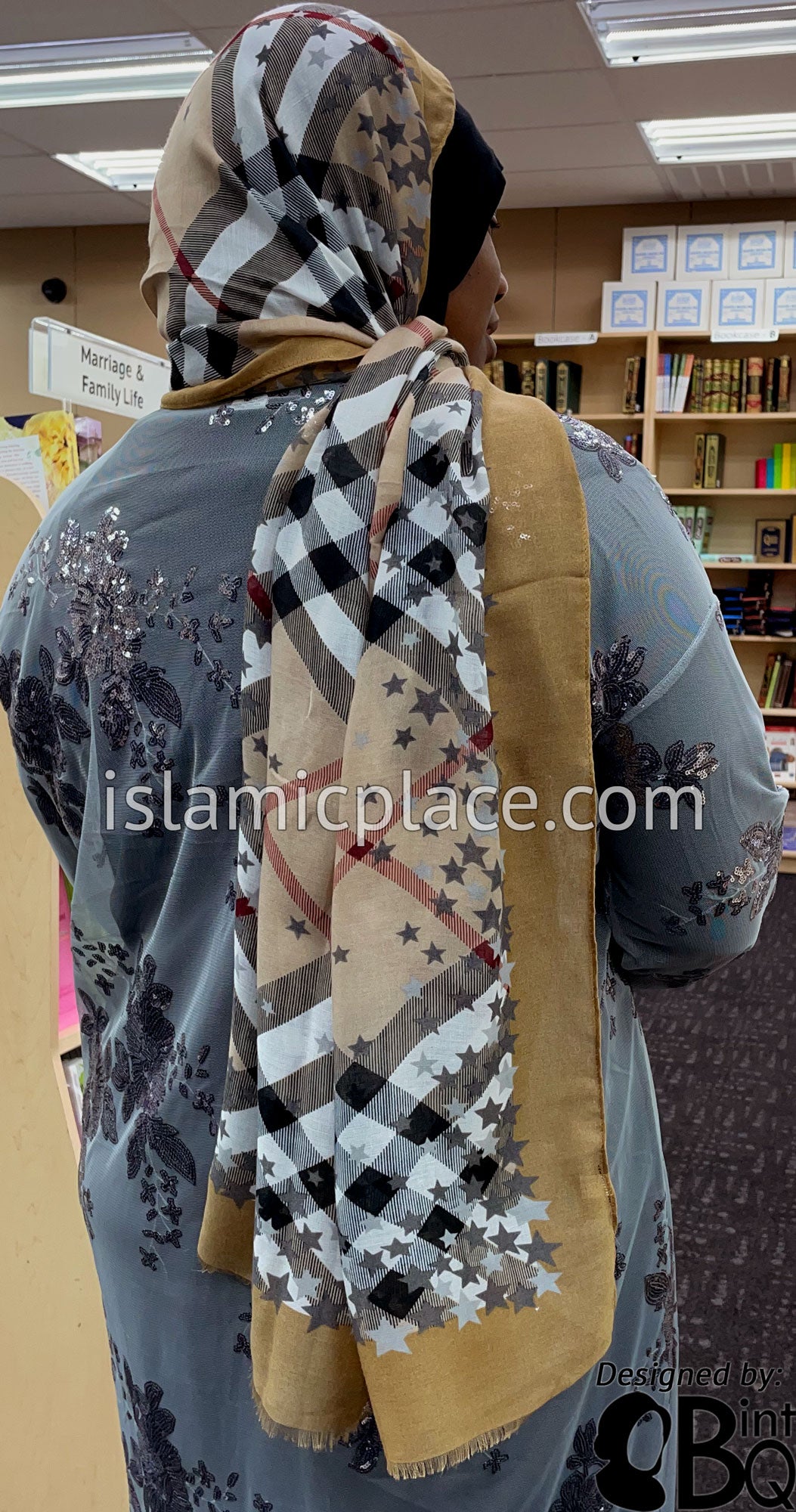 Dark tan, Burgundy, Gray, Black and White Plaid with Star Border - Soft Viscose Printed Shayla Long Rectangle Hijab 34"x72"