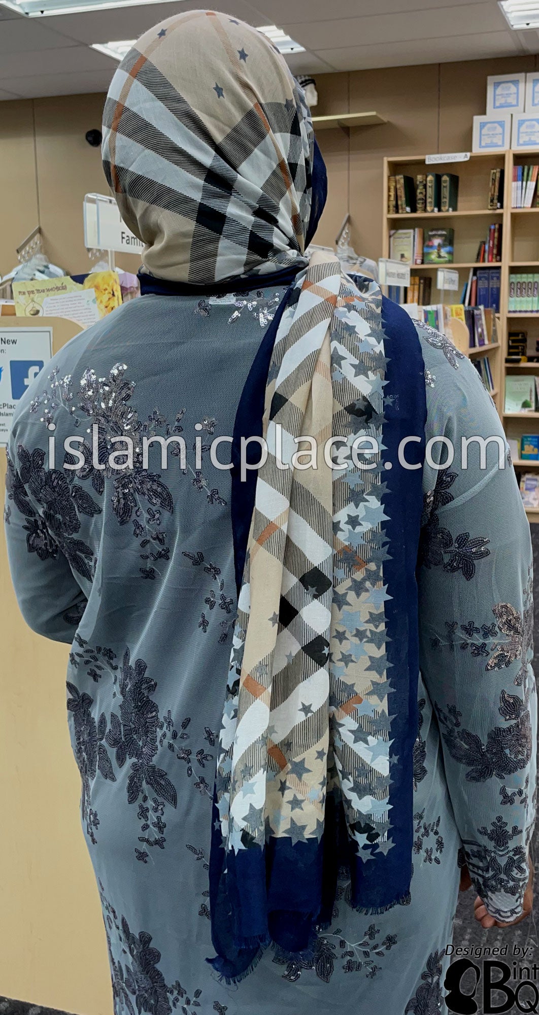 Navy Blue, Rust, Gray, Black and White Plaid with Star Border - Soft Viscose Printed Shayla Long Rectangle Hijab 34"x72"