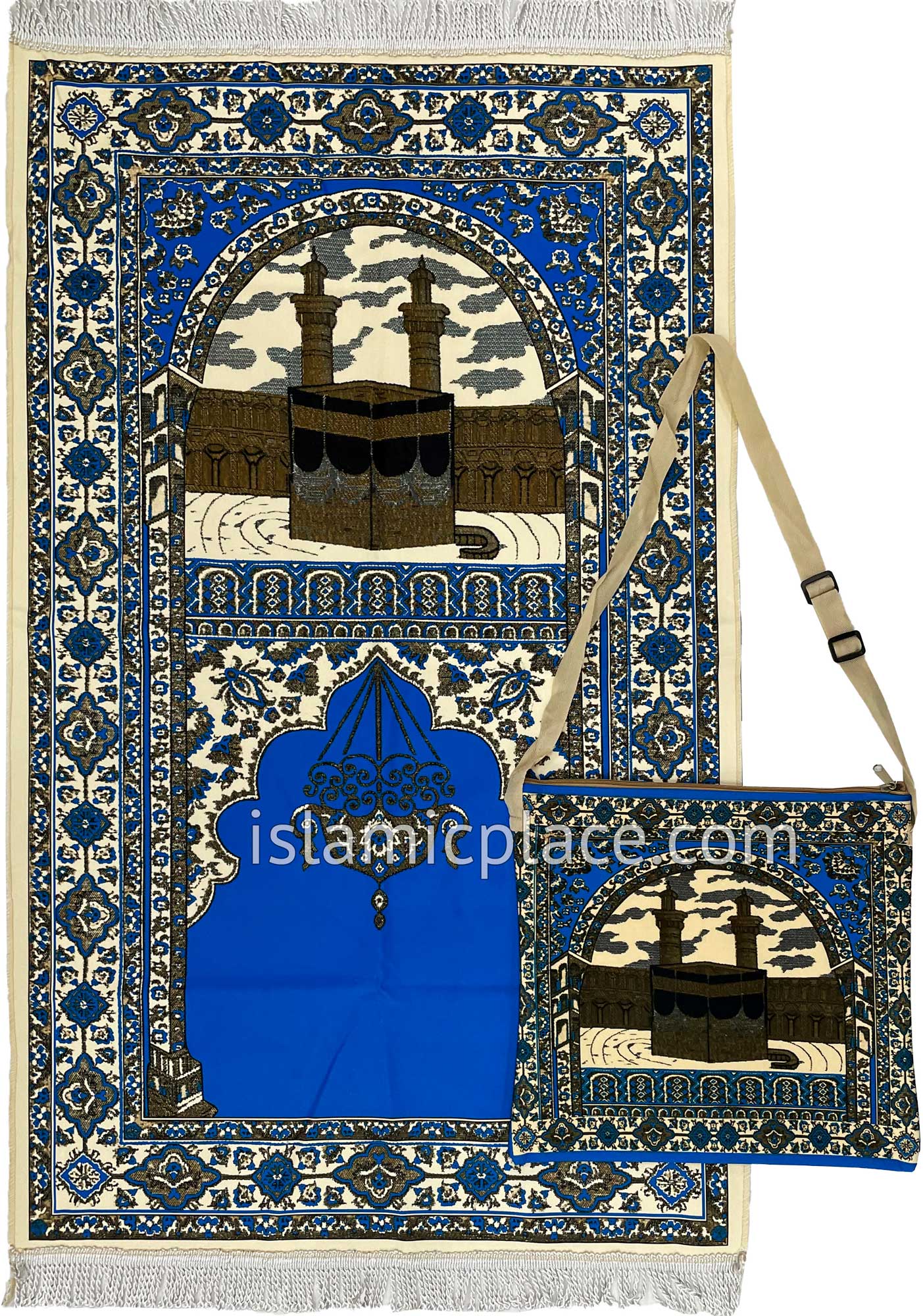 Blue - Kaba Design Prayer Rug with Matching Zipper Carrying Bag