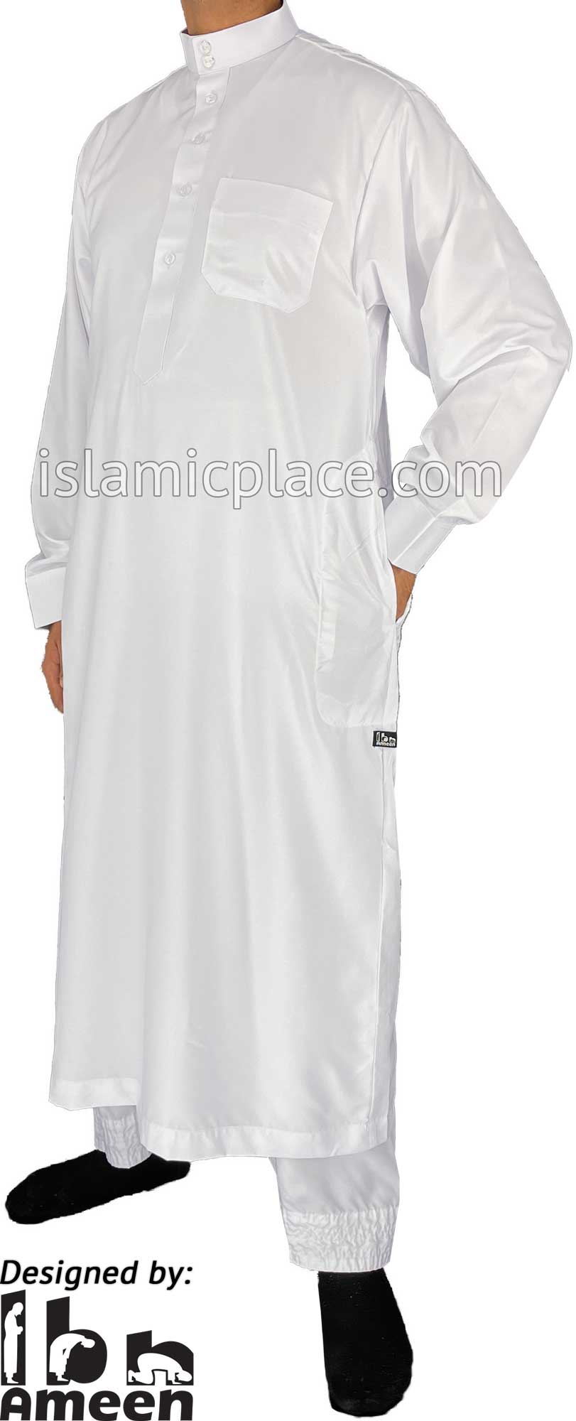 White - Men Saudi Ad-Daffah LT Thob by Ibn Ameen with Visible Buttons - IA3