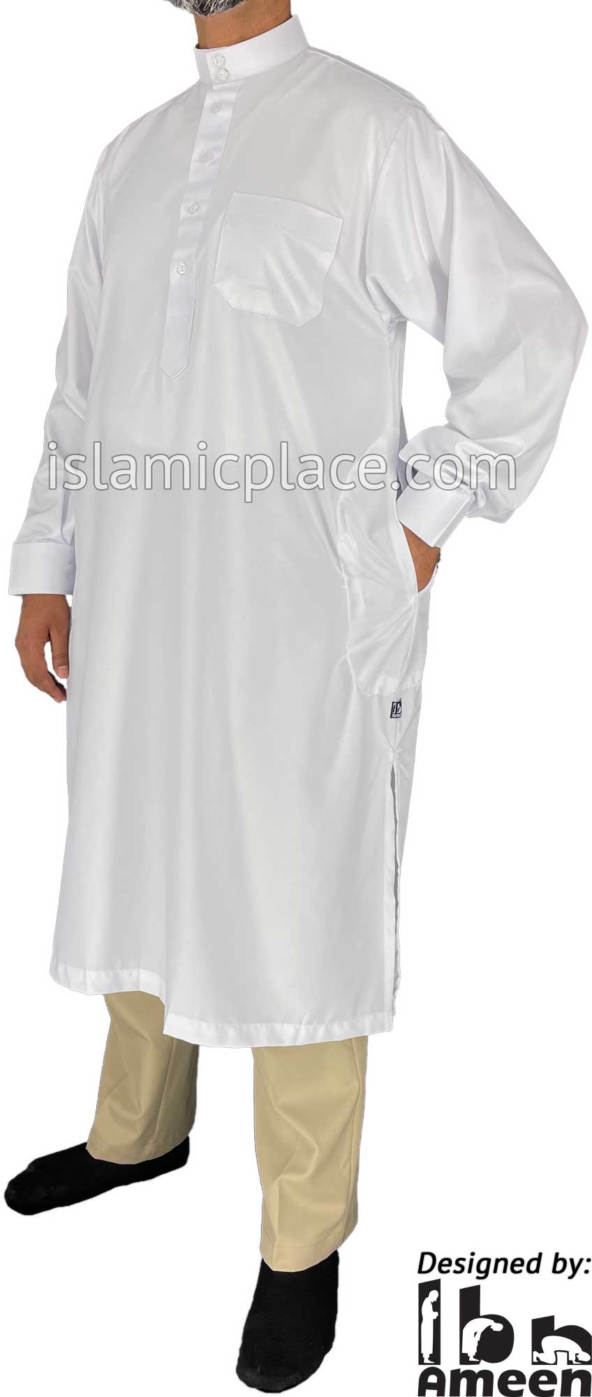 White - Men Saudi Ad-Daffah Plain Kameez by Ibn Ameen with Visible Buttons