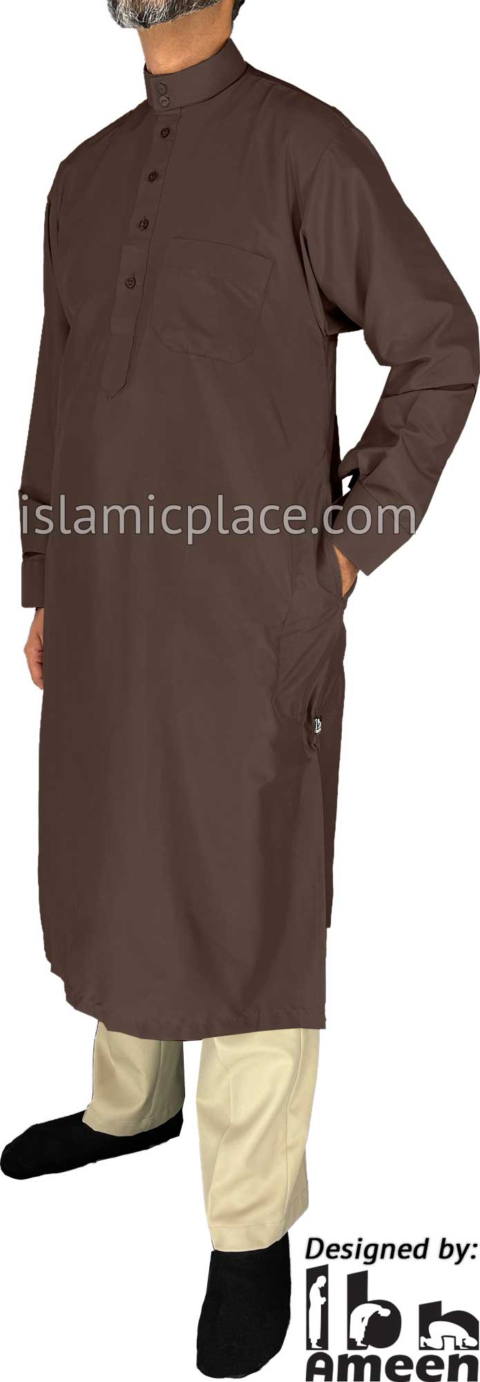 Brown - Men Saudi Ad-Daffah Plain Kameez by Ibn Ameen with Visible Buttons
