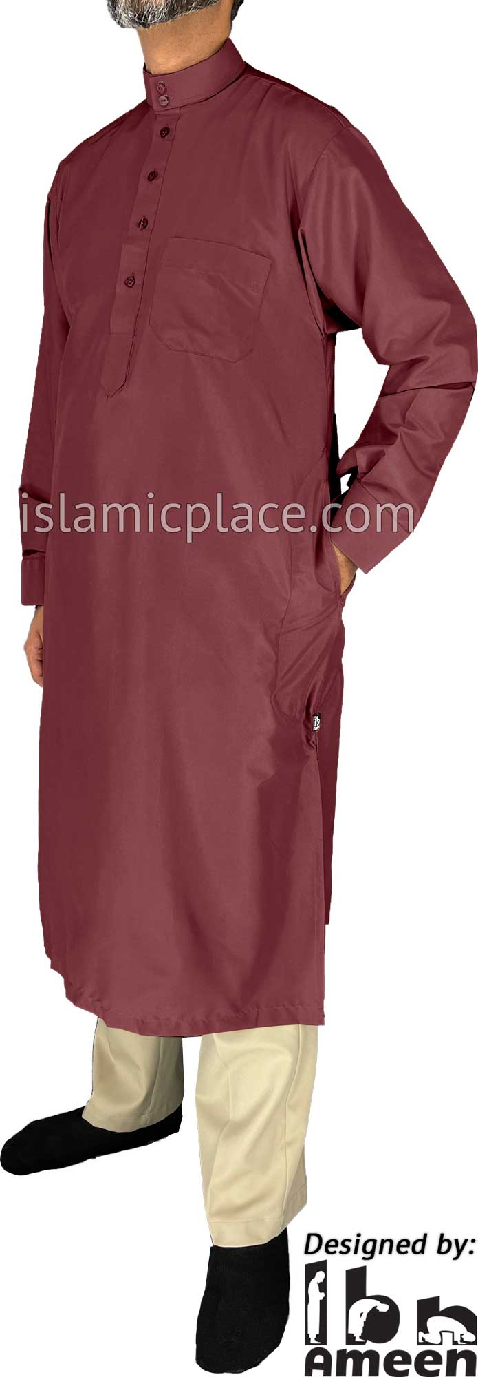 Burgundy - Men Saudi Ad-Daffah Plain Kameez by Ibn Ameen with Visible Buttons