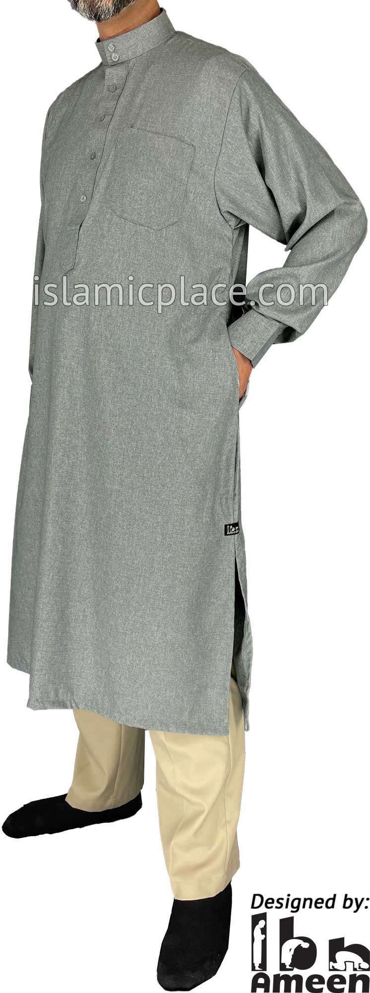 Heather Gray - Men Saudi Ad-Daffah Plain Kameez by Ibn Ameen with Visible Buttons
