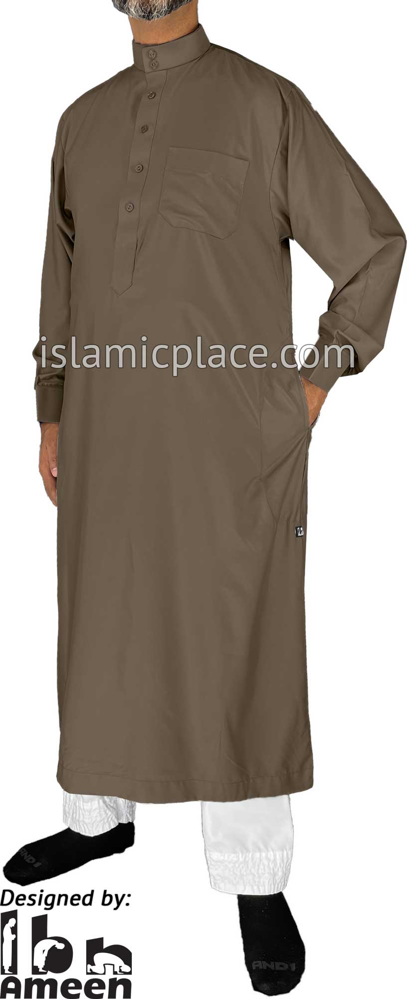 Taupe - Men Saudi Ad-Daffah LT Thob by Ibn Ameen with Visible Buttons - IA3