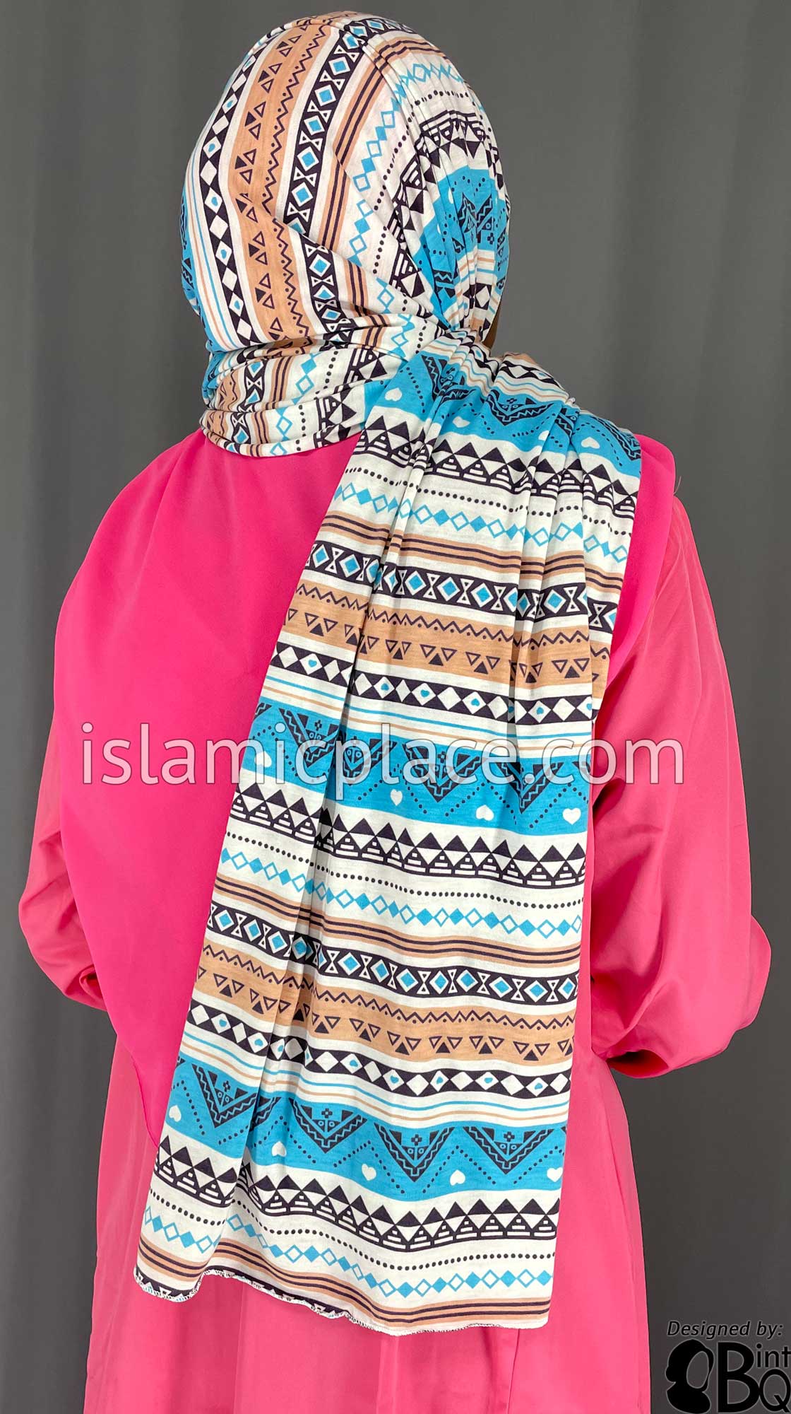 Aqua Blue, Chai and Plum Aztec Pattern - Print Jersey Shayla Long Rectangle Hijab 30"x70"