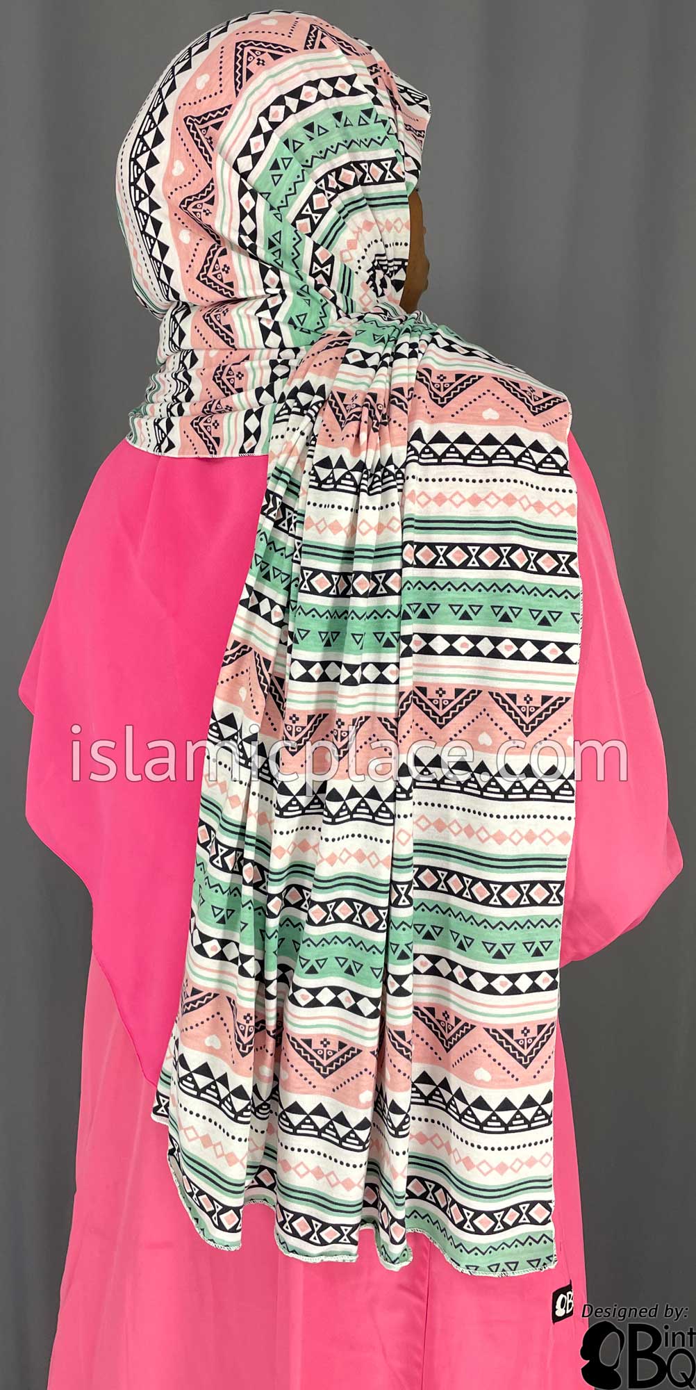 Mint Green, Pink and Black Aztec Pattern - Print Jersey Shayla Long Rectangle Hijab 30"x70"