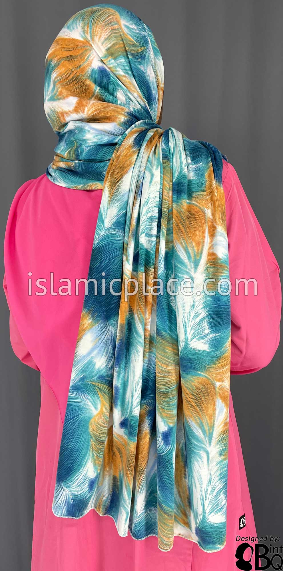 Teal Blue, Rust and White Truffula Design - Print Jersey Shayla Long Rectangle Hijab 30"x70"