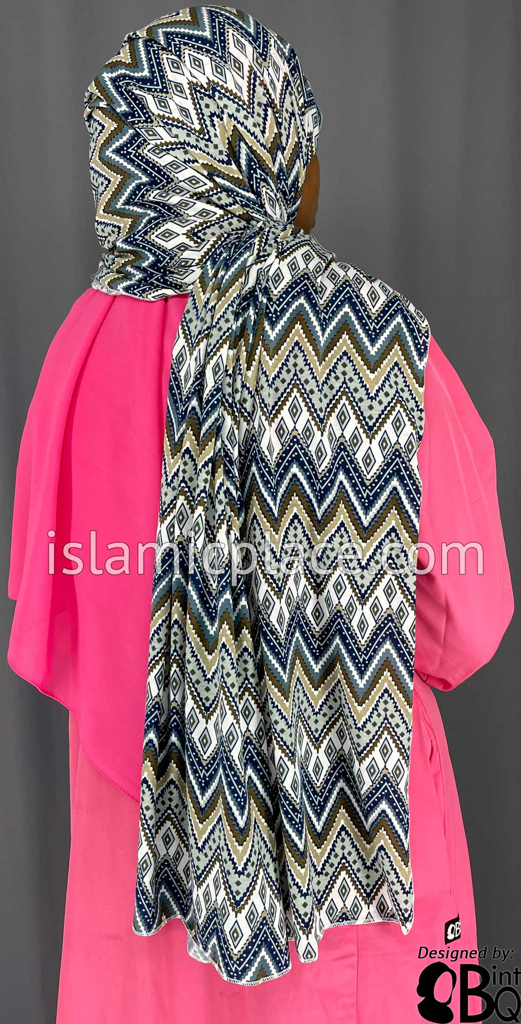 Navy Blue, Graphite Gray and Oyster Zigzag Design - Print Jersey Shayla Long Rectangle Hijab 30"x70"