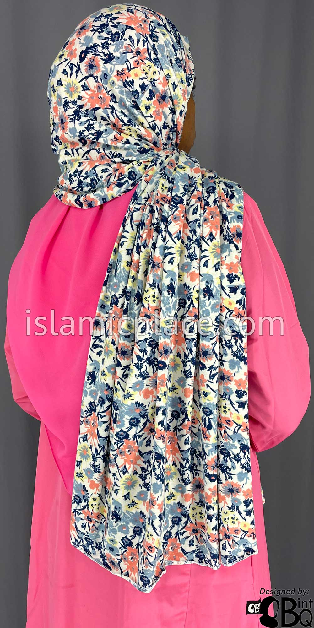 Navy Blue, Coral, and Yellow Floral Design - Print Jersey Shayla Long Rectangle Hijab 30"x70"