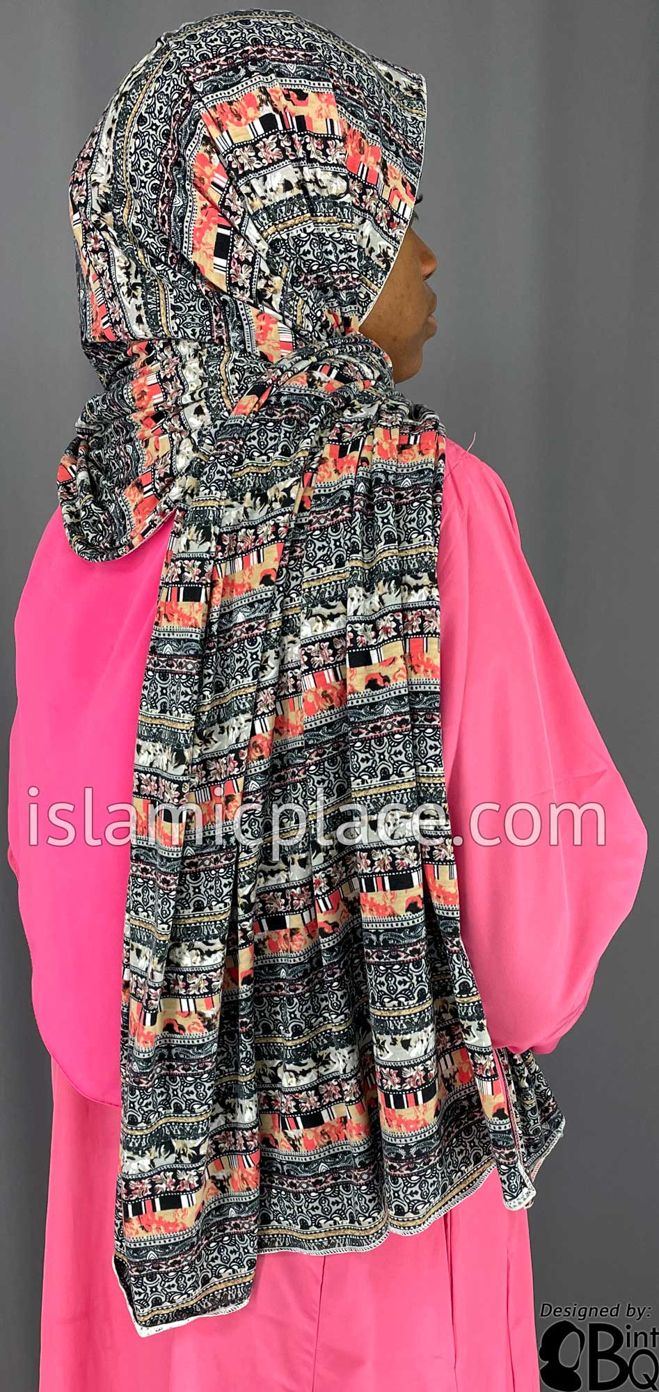 Black, Gray and Coral Multi Pattern - Print Jersey Shayla Long Rectangle Hijab 30"x70"