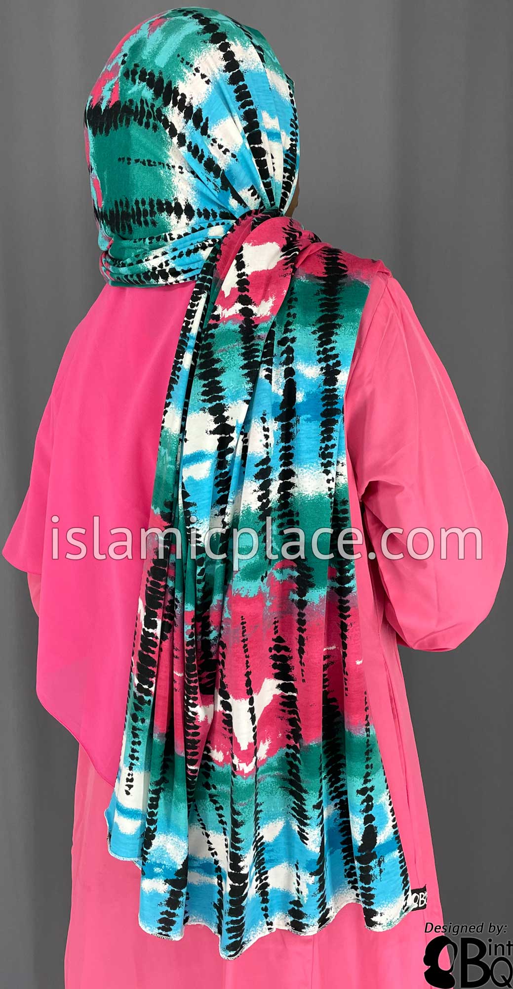 Green, Fuchsia Pink, Blue and Black Tie-Dye Design - Print Jersey Shayla Long Rectangle Hijab 30"x70"