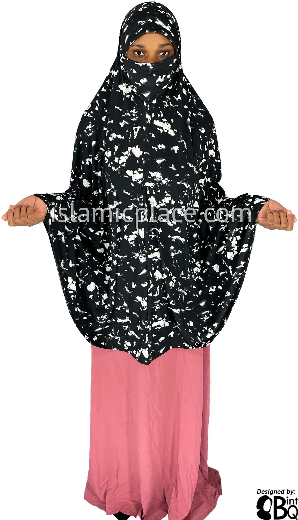 Black and White Smudges - Printed Overhead Khimar - Extra Long Knee Length