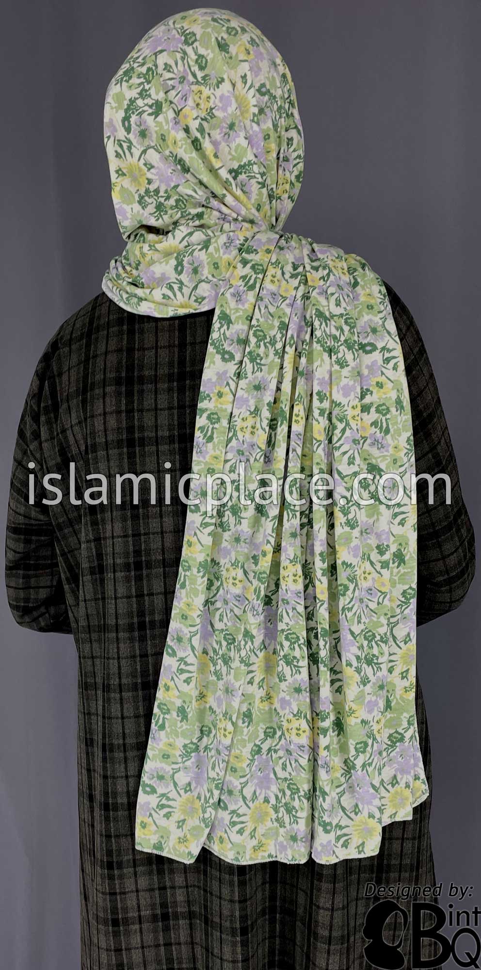 Green, Yellow and Lavender Floral Design - Print Jersey Shayla Long Rectangle Hijab 30"x70"