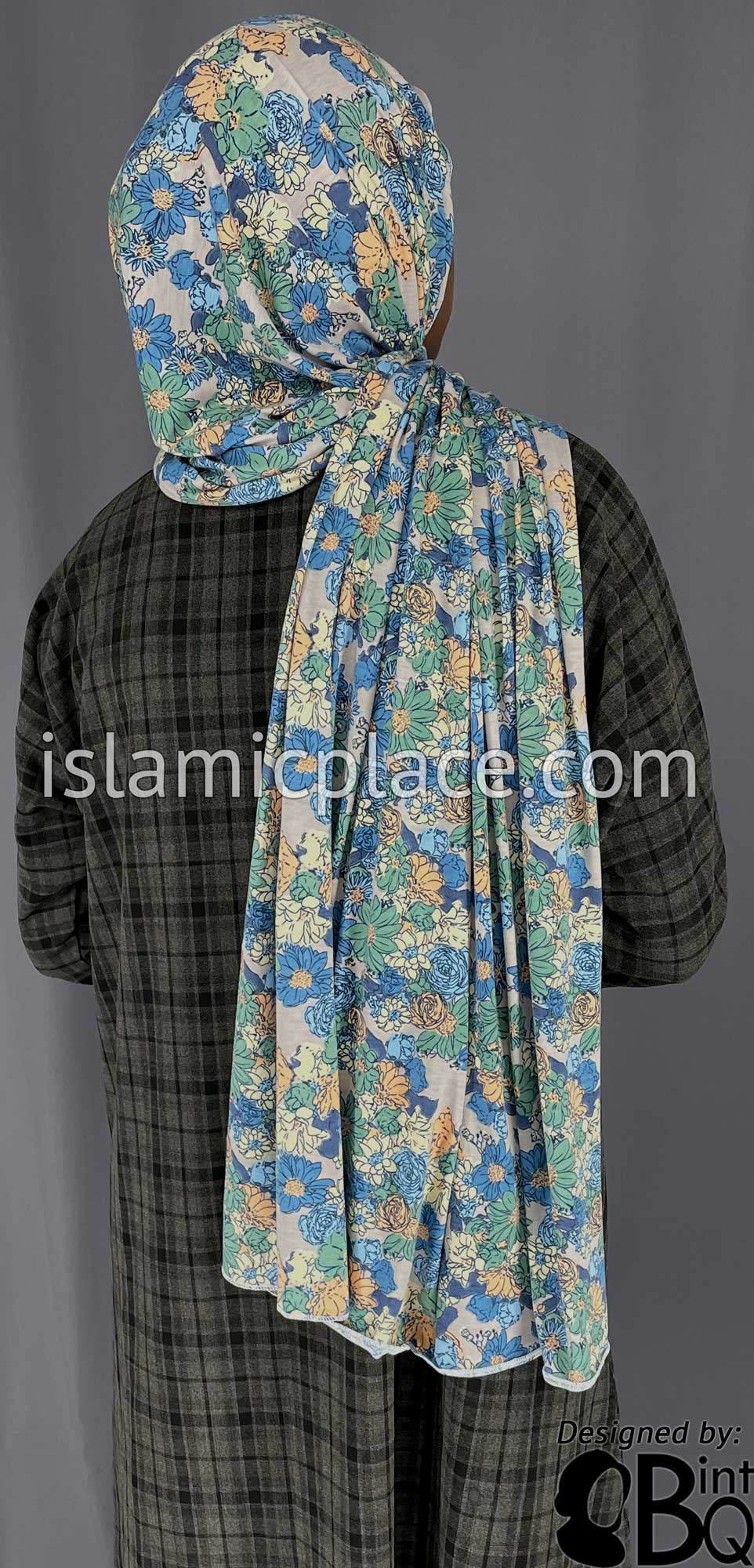 Shades of Blue, Ocean Green, and Yellow Floral Design on Gray Base - Print Jersey Shayla Long Rectangle Hijab 30"x70"