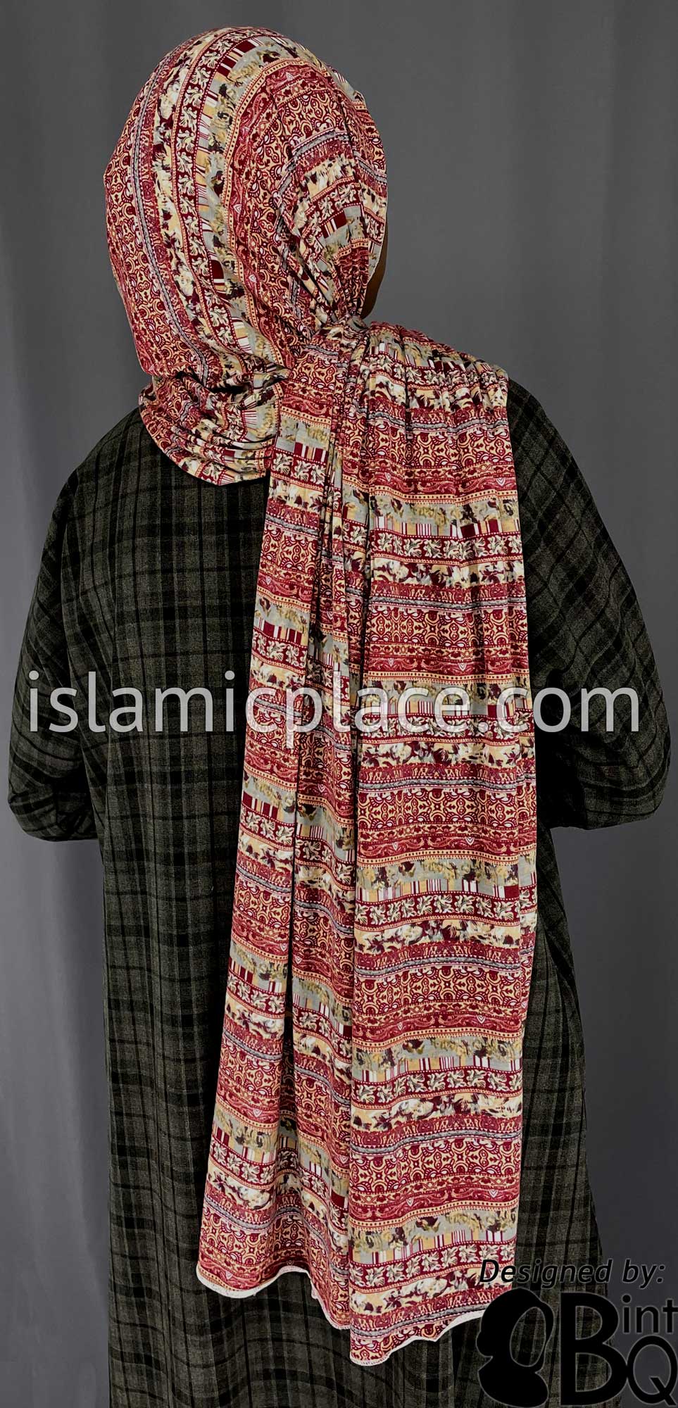 Burgundy, Gray and Tan Multi Pattern - Print Jersey Shayla Long Rectangle Hijab 30"x70"