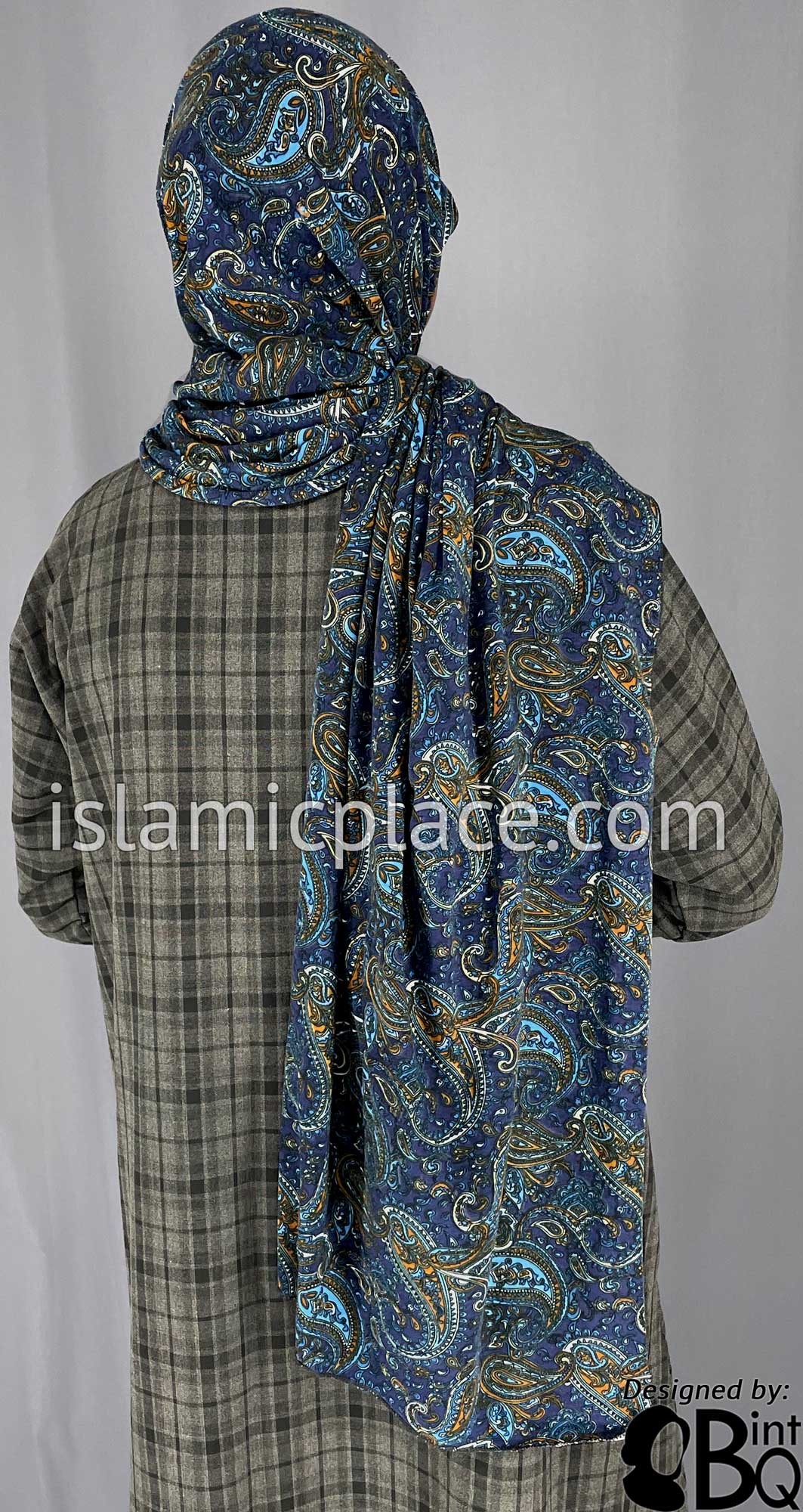 Rust and Blue Paisley on Navy Blue Base - Print Jersey Shayla Long Rectangle Hijab 30"x70"