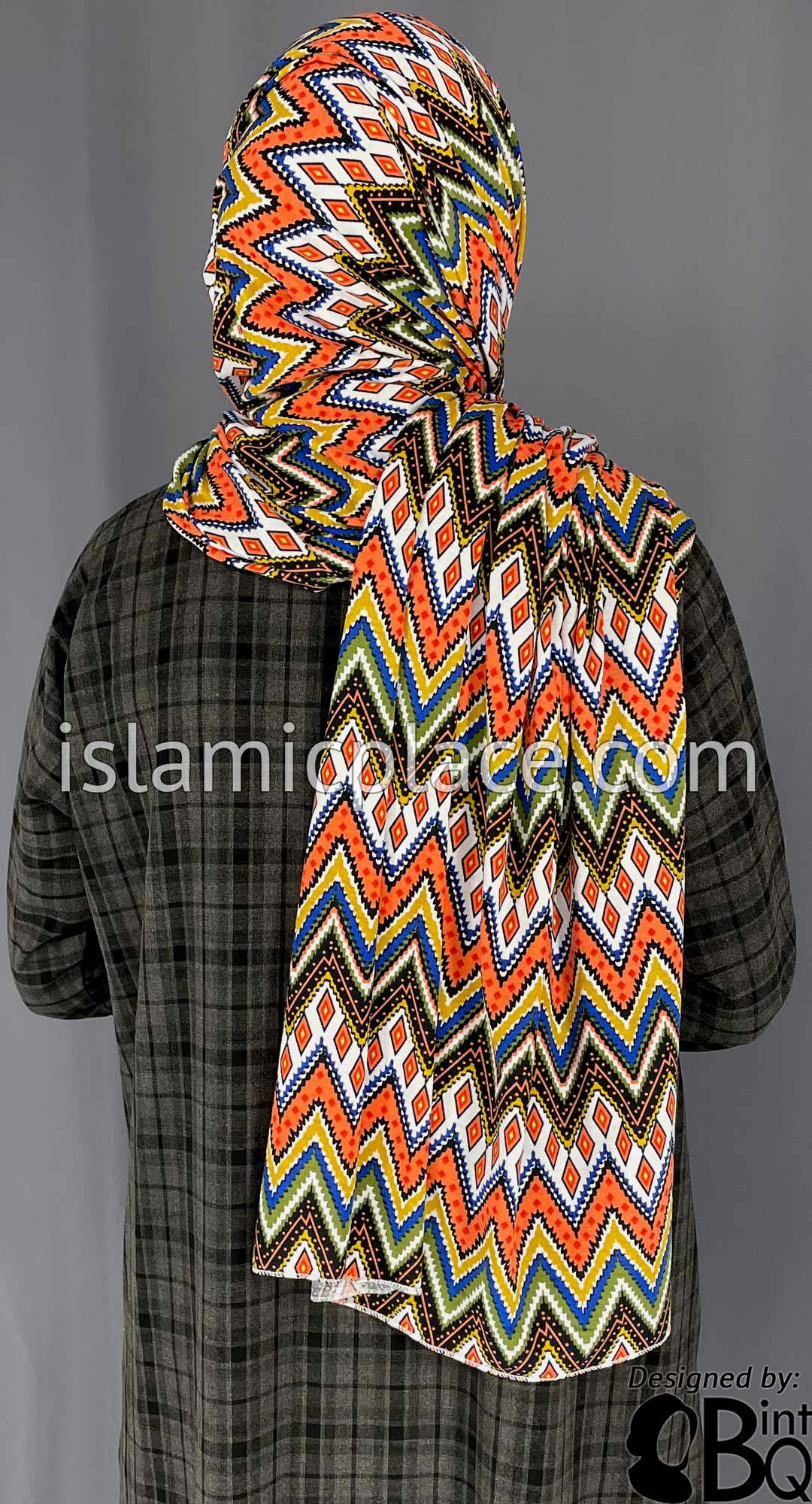 Coral, Olive Green, Blue and Mustard Zigzag Design - Print Jersey Shayla Long Rectangle Hijab 30"x70"