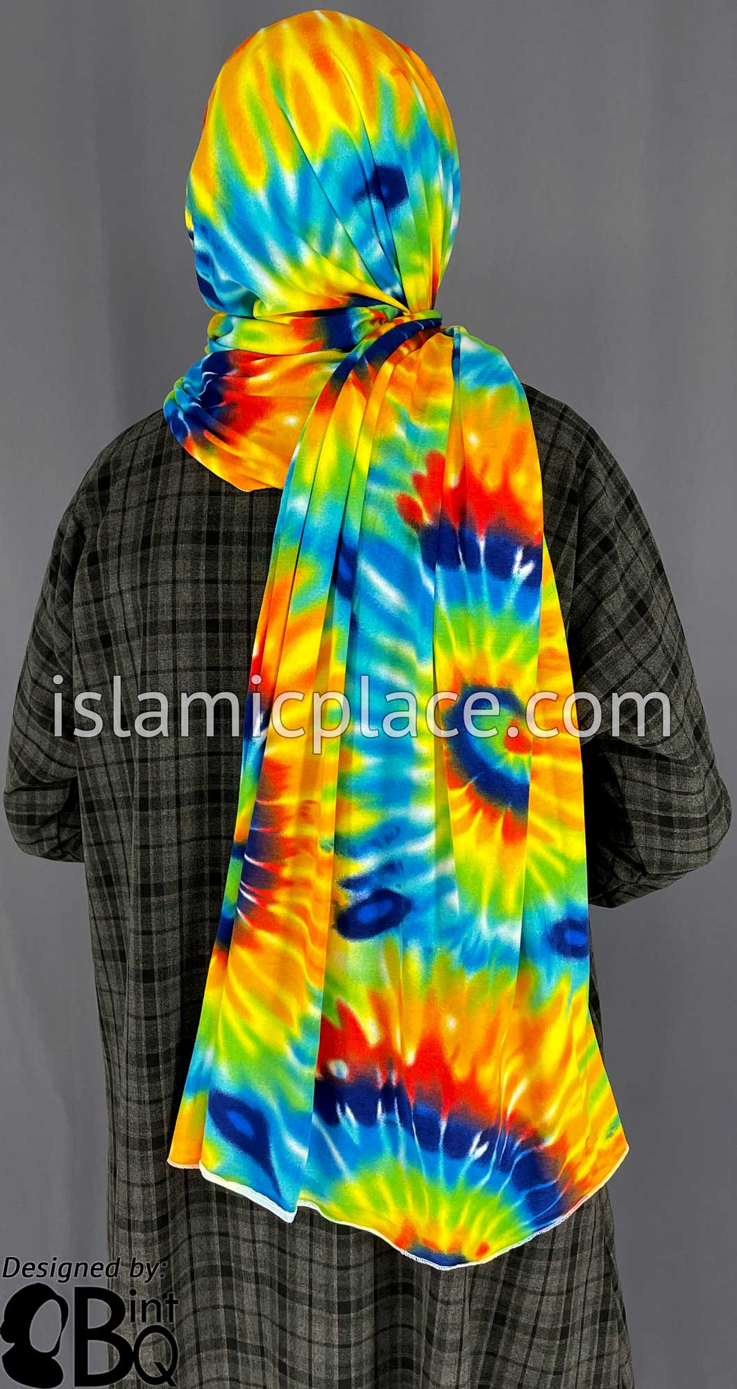 Shades of Blue, Green, Yellow and Red Sunbust Tie-Dye Design  - Print Jersey Shayla Long Rectangle Hijab 30"x70"