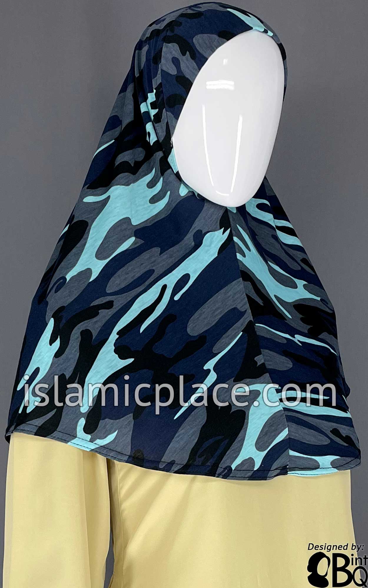 Navy Blue, Charcoal Gray and Baby Blue Camouflage Design- Printed Teen to Adult (Large) Hijab Al-Amira (1-piece style)