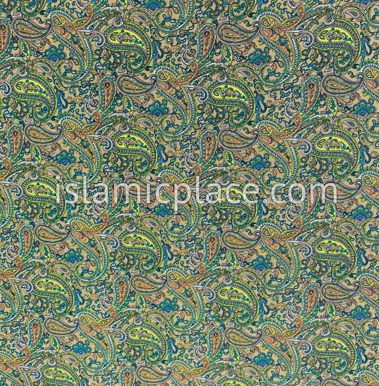 Shades of Green, Blue and Orange Paisley on Oyster Base- Printed Teen to Adult (Large) Hijab Al-Amira (1-piece style)