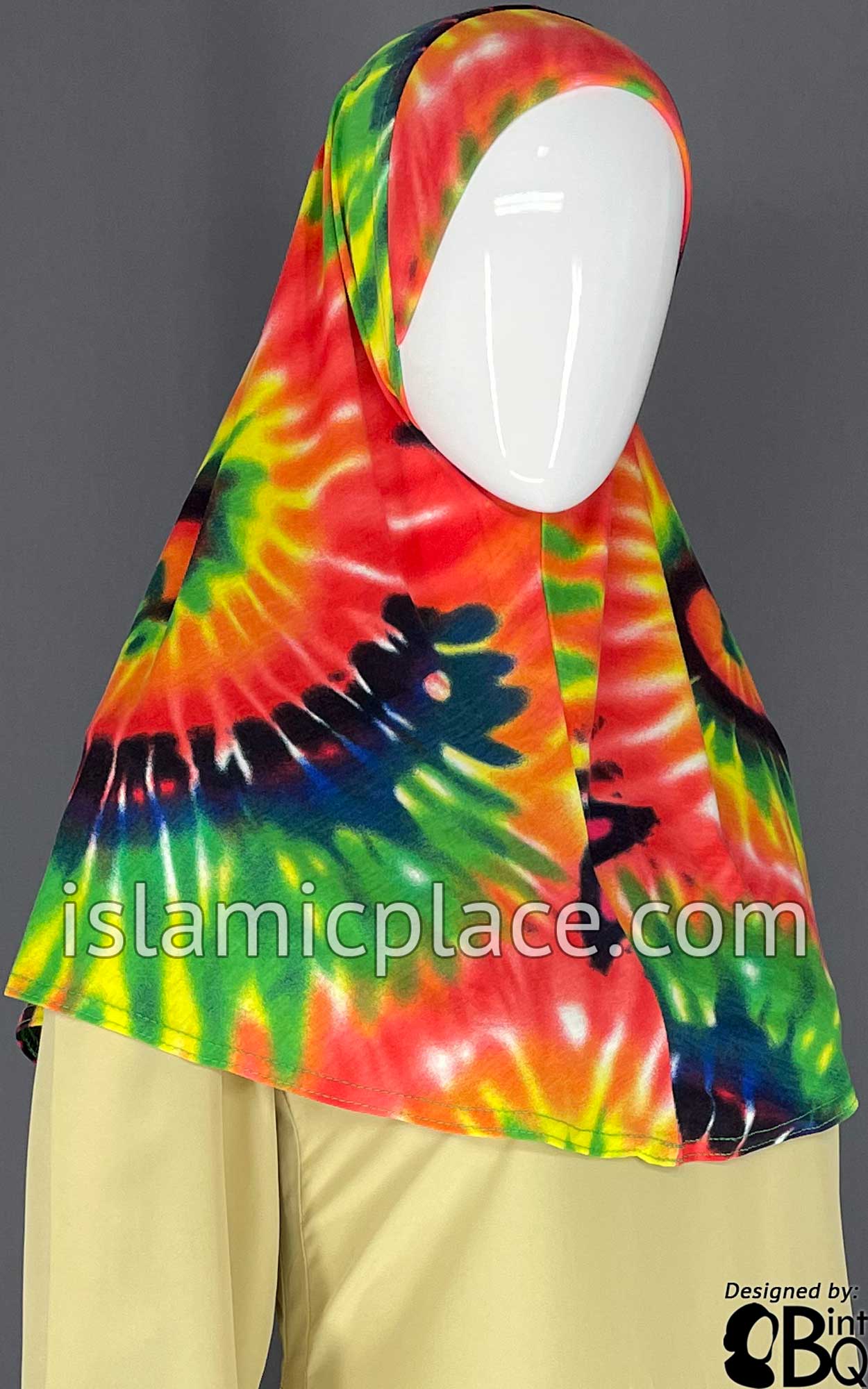 Red, Green and Yellow Sunburst Tie-Dye Design - Printed Teen to Adult (Large) Hijab Al-Amira (1-piece style)