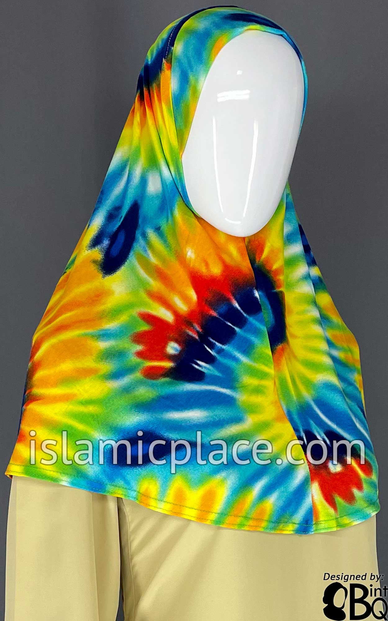 Shades of Blue, Green, Yellow and Red Sunburst Tie-Dye Design - Printed Teen to Adult (Large) Hijab Al-Amira (1-piece style)