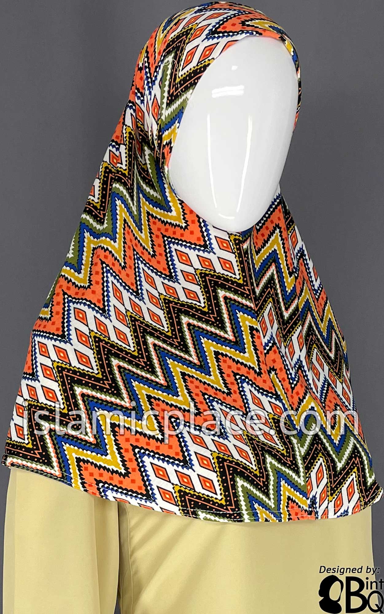Coral, Olive Green, Blue and Mustard Zig Zag Design- Printed Teen to Adult (Large) Hijab Al-Amira (1-piece style)