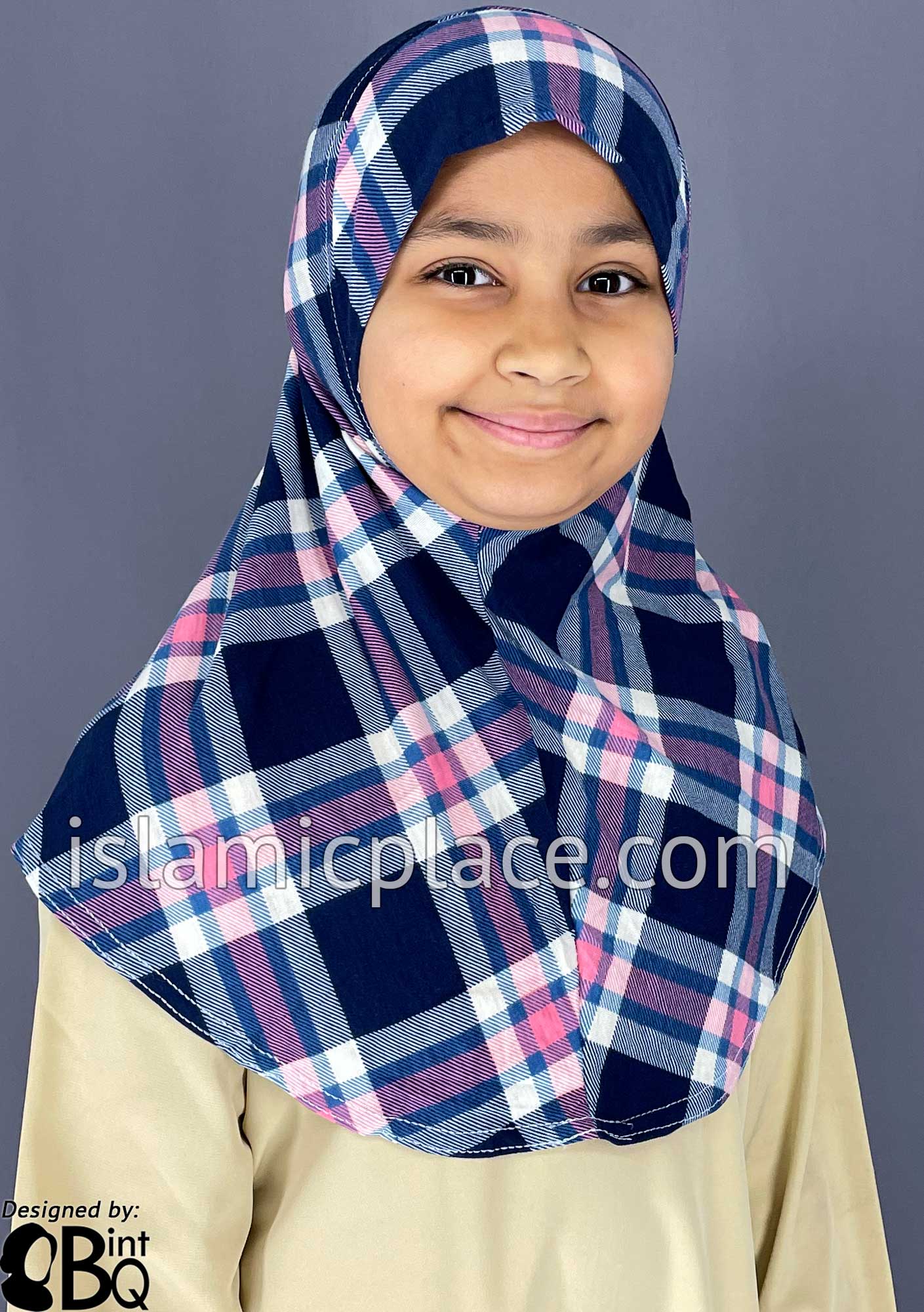 Navy Blue, Off-White and Pink Plaid - Printed Girl size (1-piece) Hijab Al-Amira