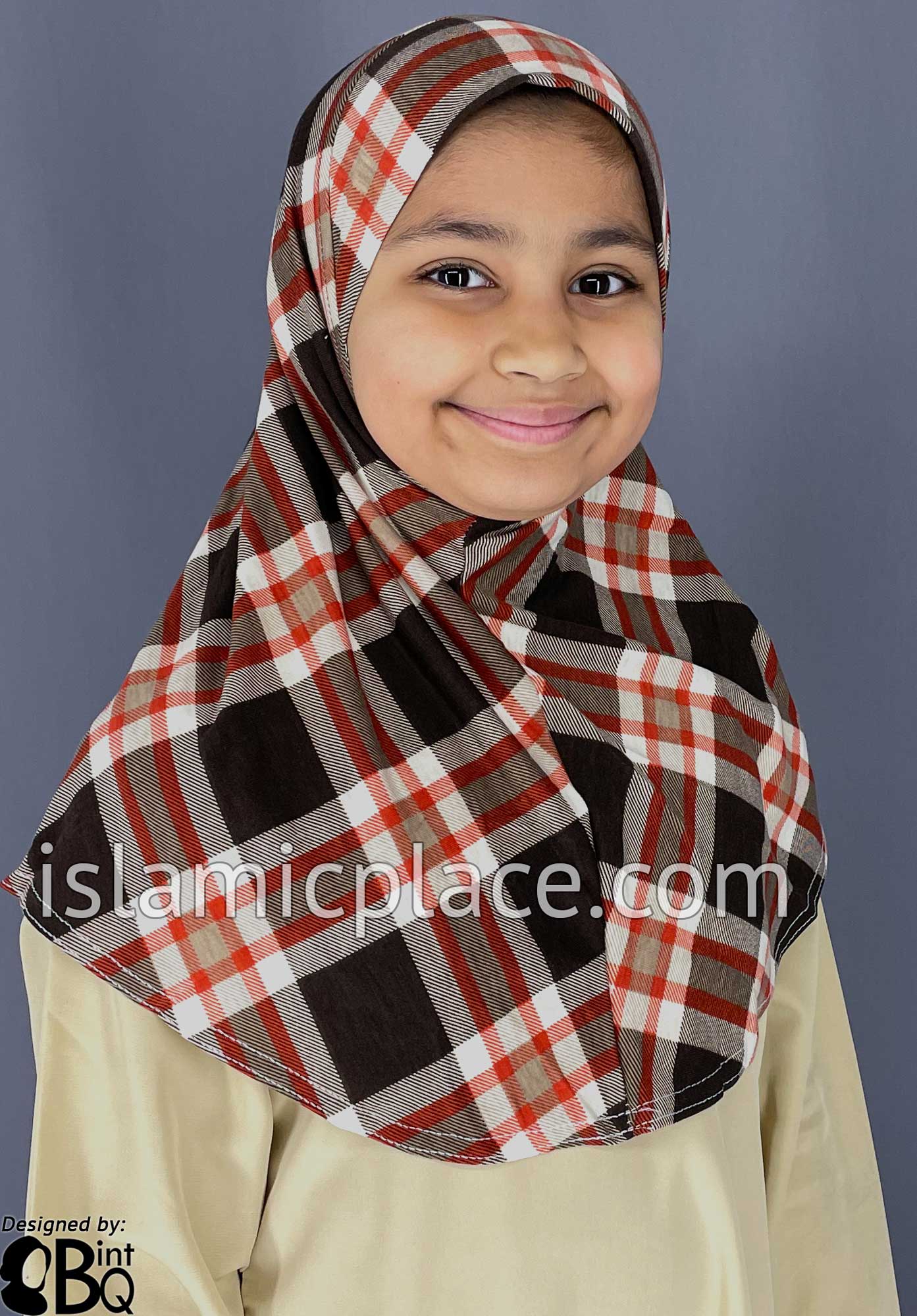 Brown, Tan and Red Plaid - Printed Girl size (1-piece) Hijab Al-Amira