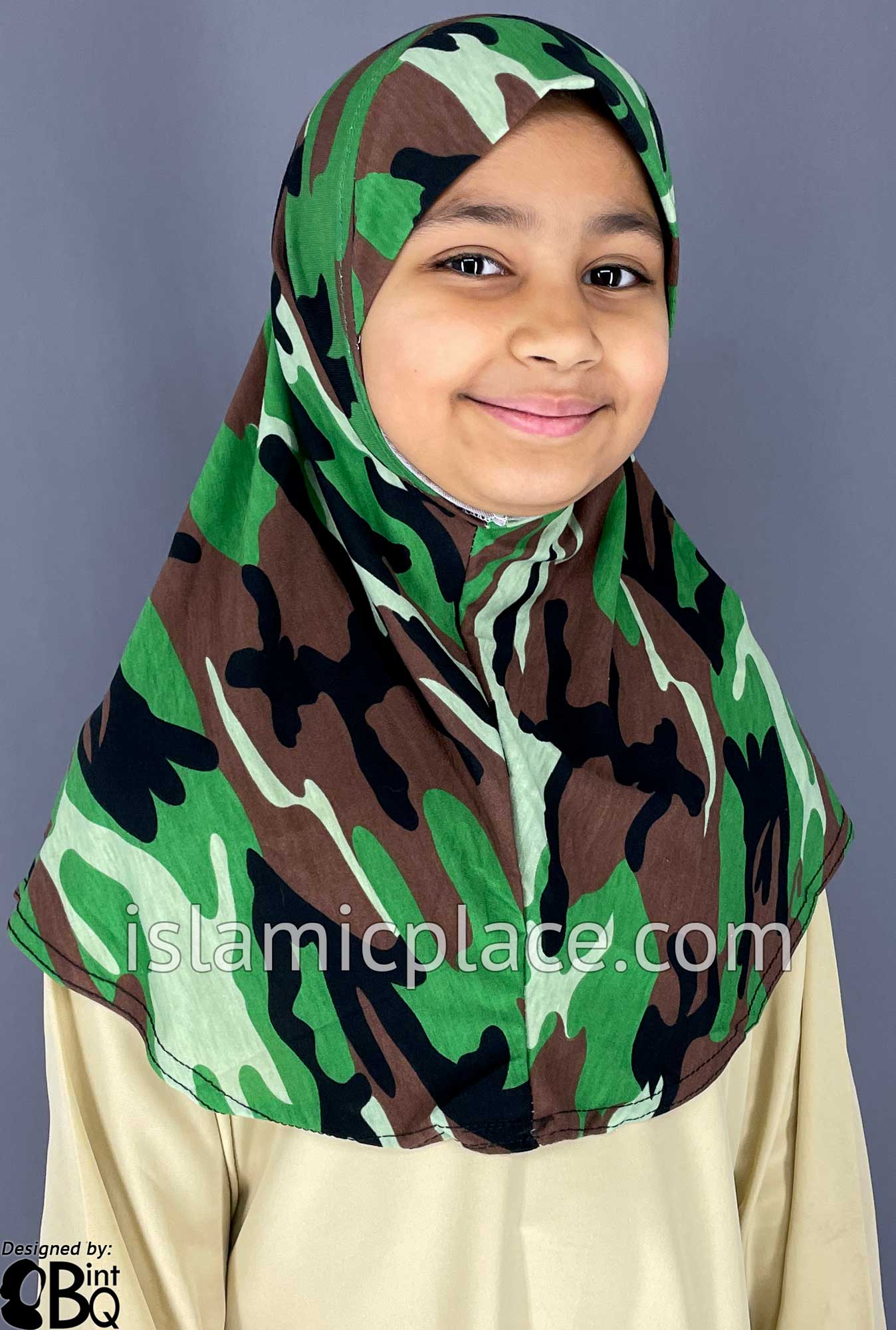 Shades of Green, Brown and Black Camouflage Design - Printed Girl size (1-piece) Hijab Al-Amira