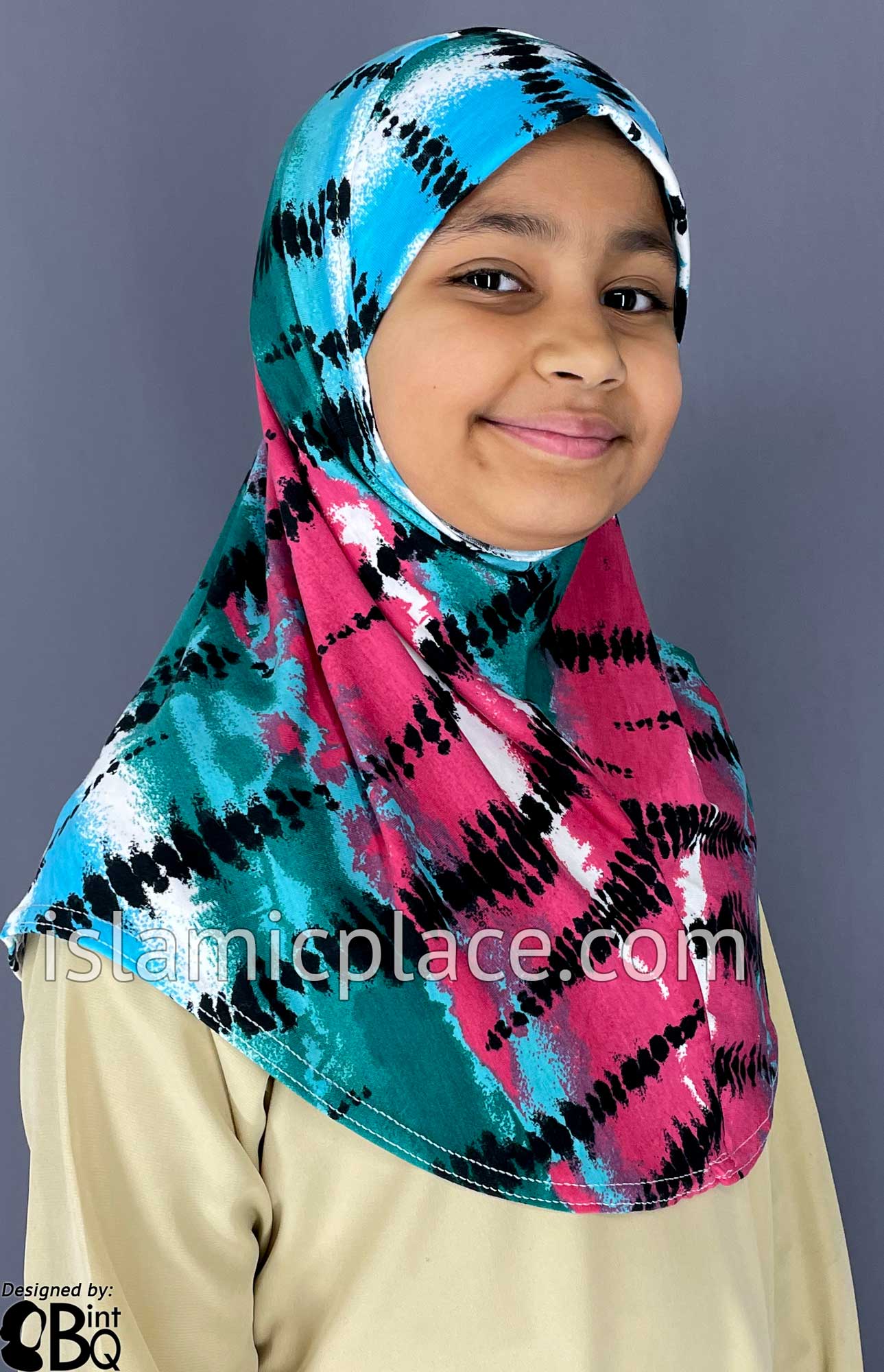 Green, Fuchsia Pink, Blue and Black Tie-Dye Design - Printed Girl size (1-piece) Hijab Al-Amira