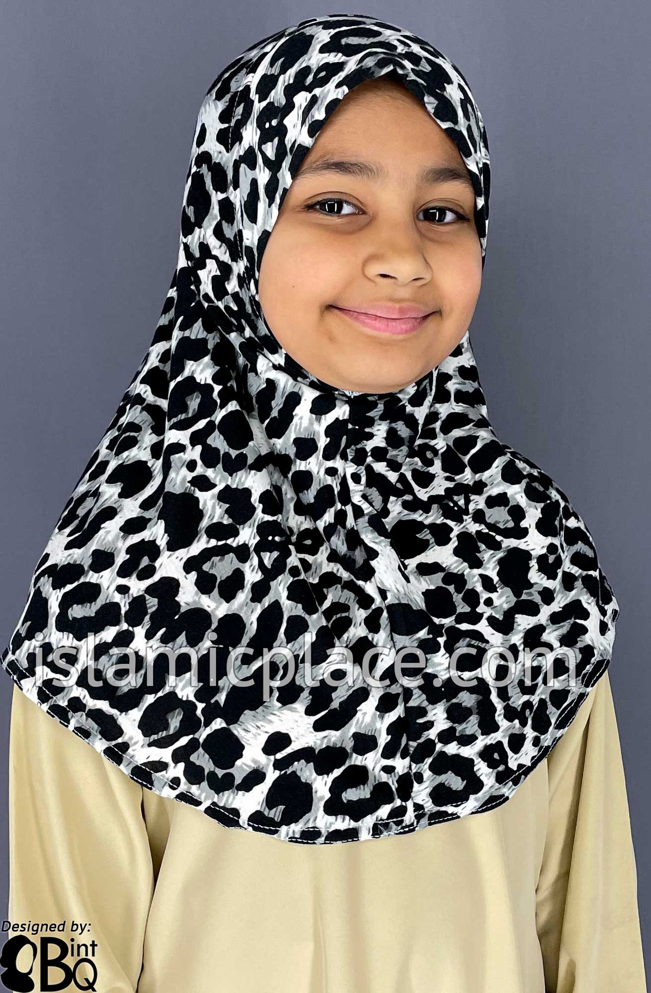 Black and Gray Animal Print on White Base - Printed Girl size (1-piece) Hijab Al-Amira