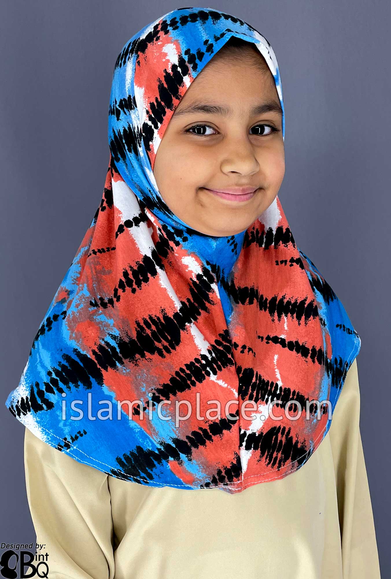 Shades of Blue, Clay Red and Black Tie-Dye Design - Printed Girl size (1-piece) Hijab Al-Amira
