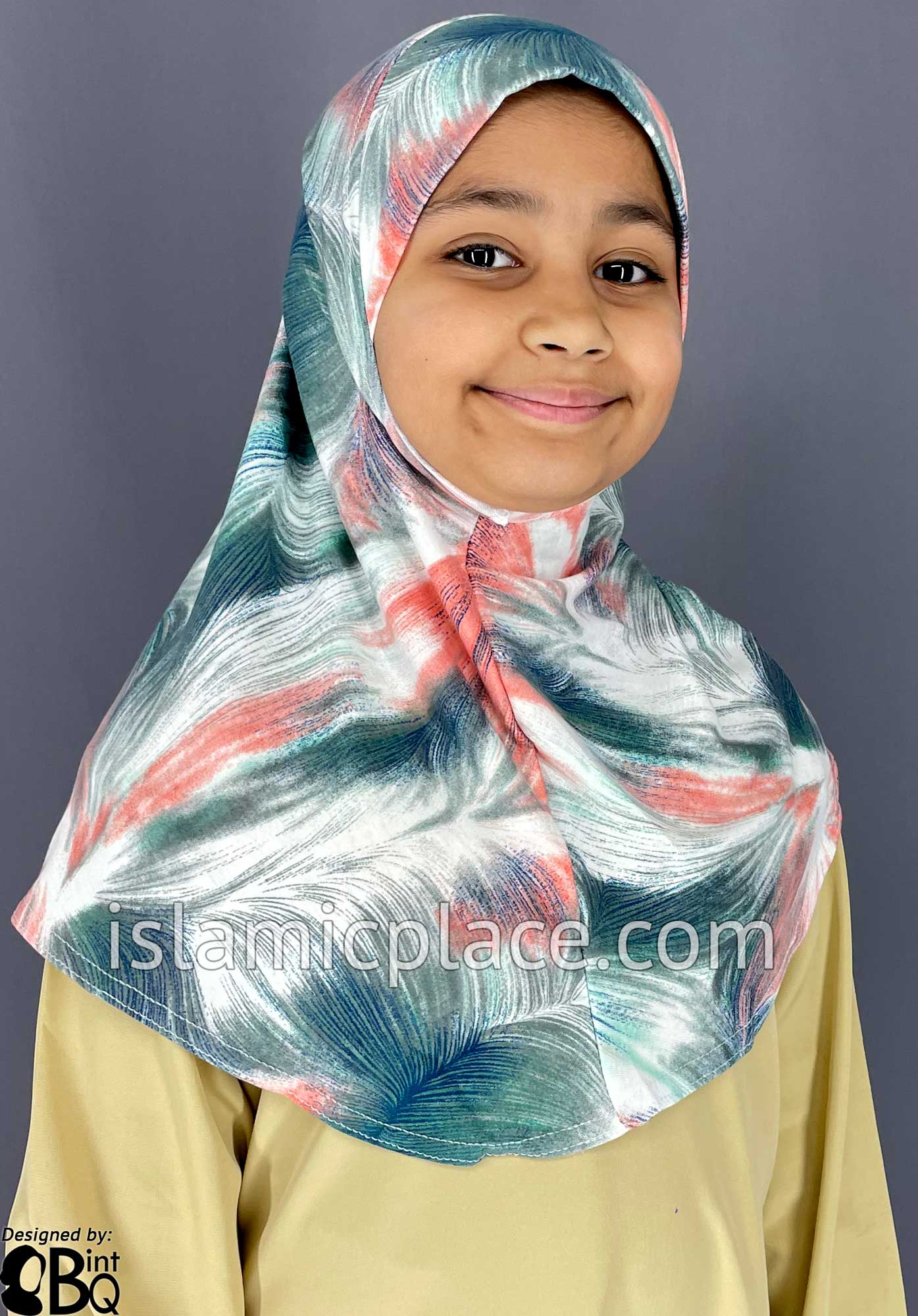 Coral, Ocean Green and Navy Blue Truffula Design - Printed Girl size (1-piece) Hijab Al-Amira