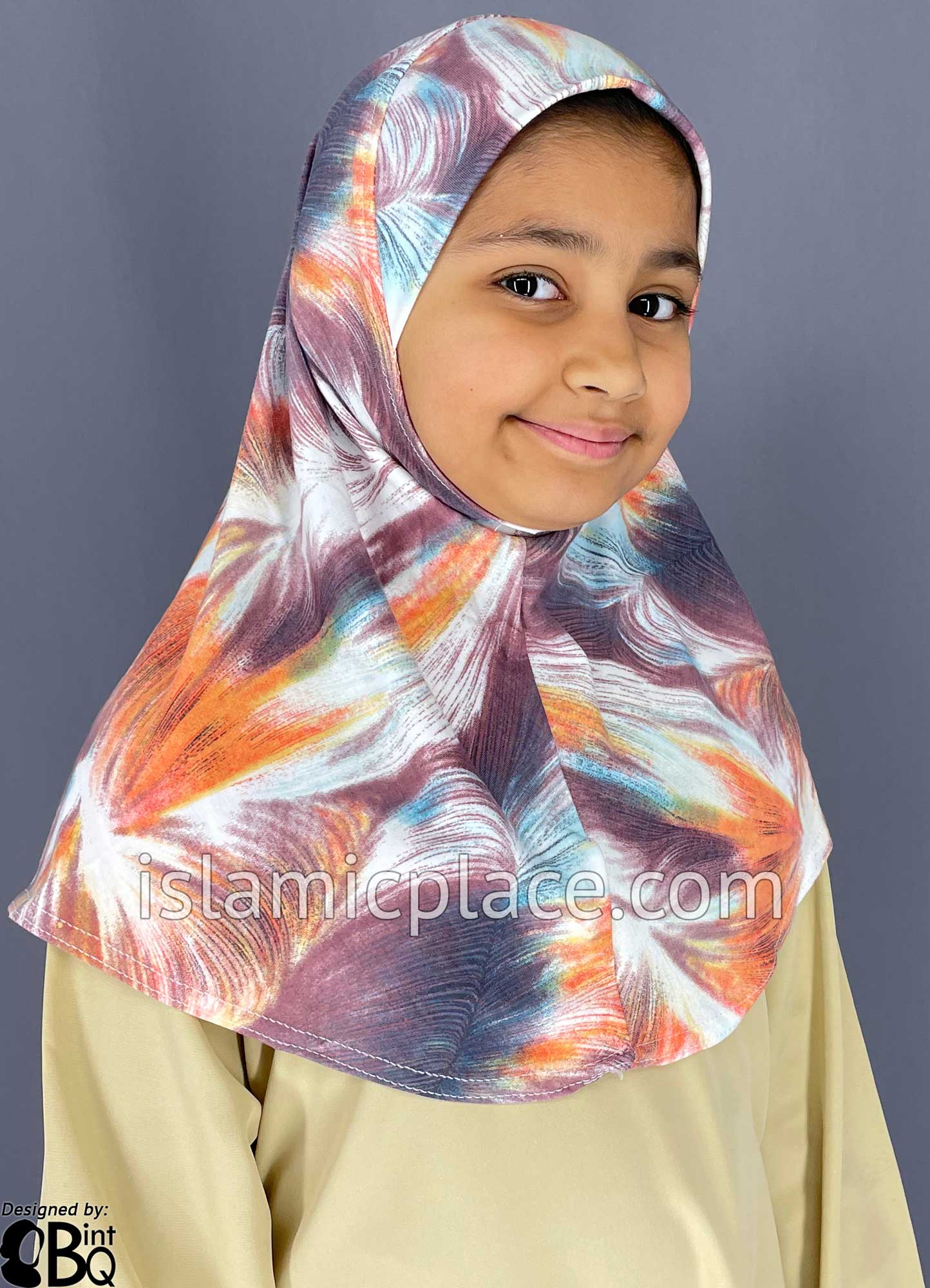 Orange, Mauve, Plum and White Truffula Design - Printed Girl size (1-piece) Hijab Al-Amira