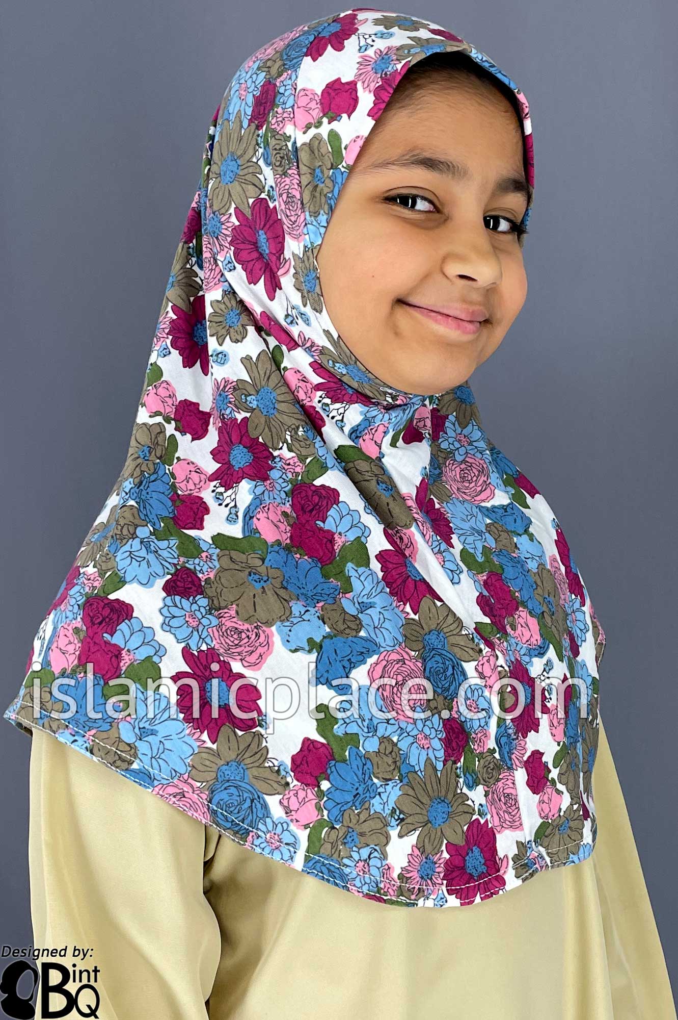 Shades of Pink, Blue, Green and Brown Floral Design on White Base - Printed Girl size (1-piece) Hijab Al-Amira