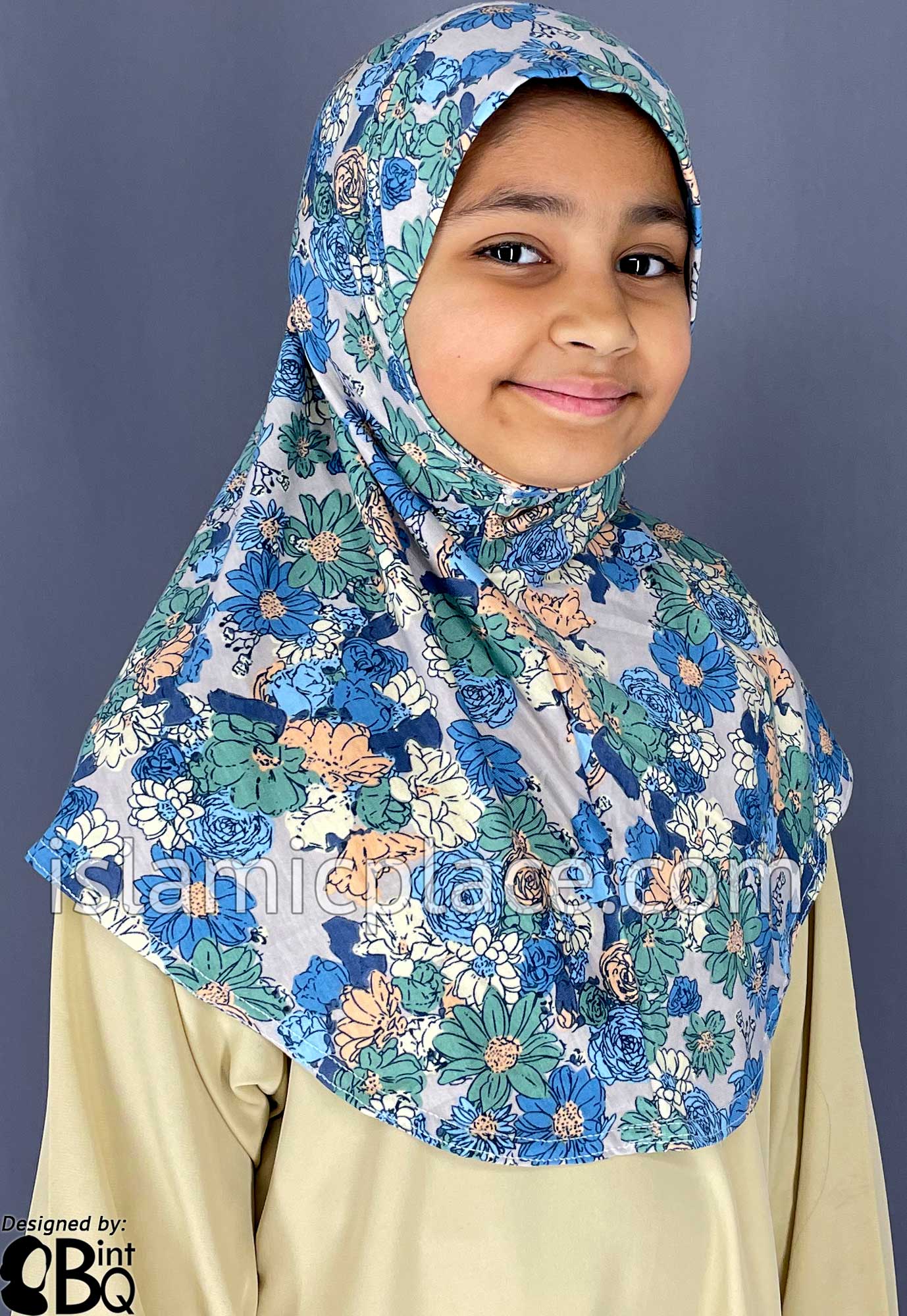 Shades of Blue, Ocean Green, and Yellow Floral Design on Gray Base - Printed Girl size (1-piece) Hijab Al-Amira