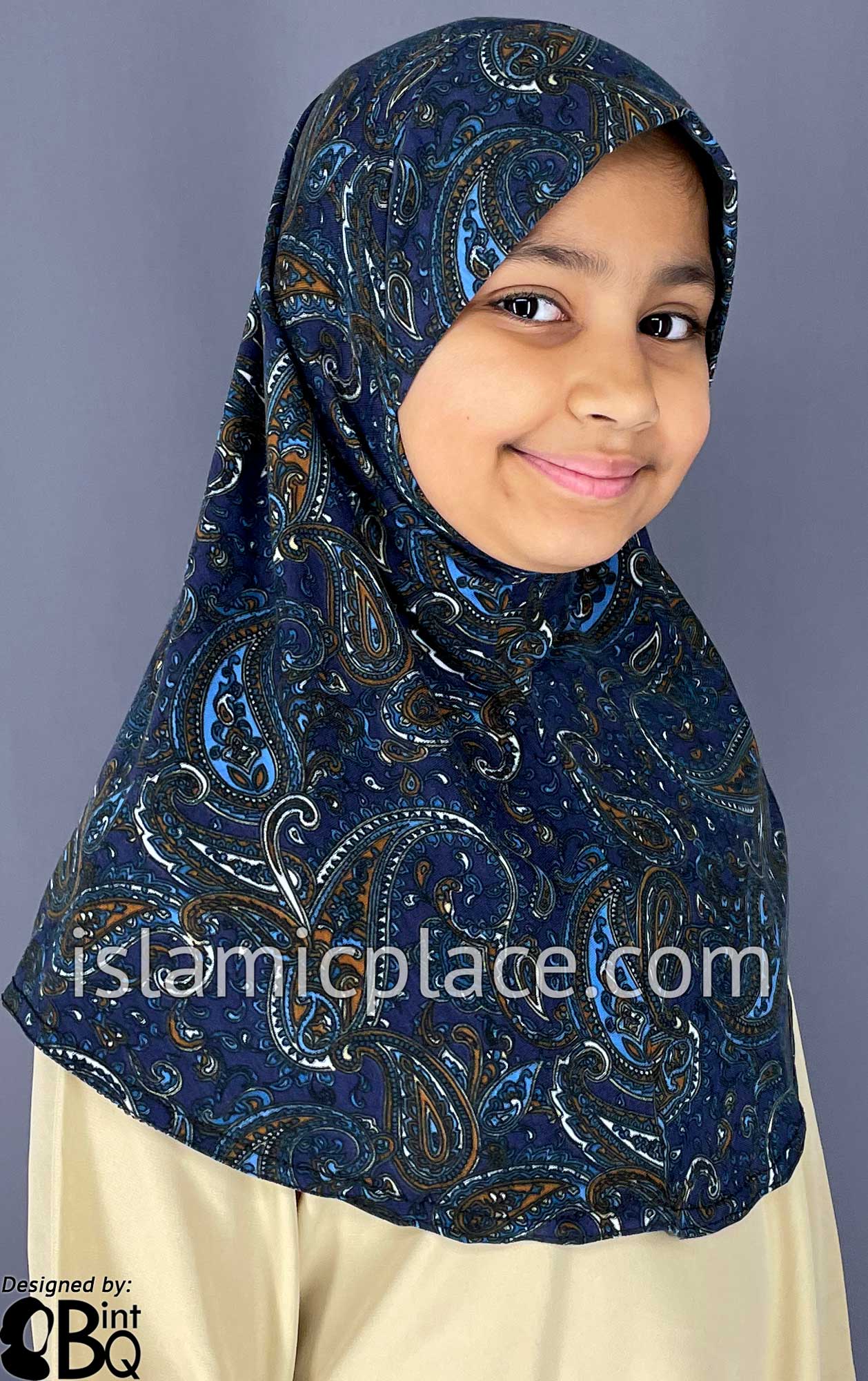 Rust and Blue Paisley on Navy Blue Base - Printed Girl size (1-piece) Hijab Al-Amira