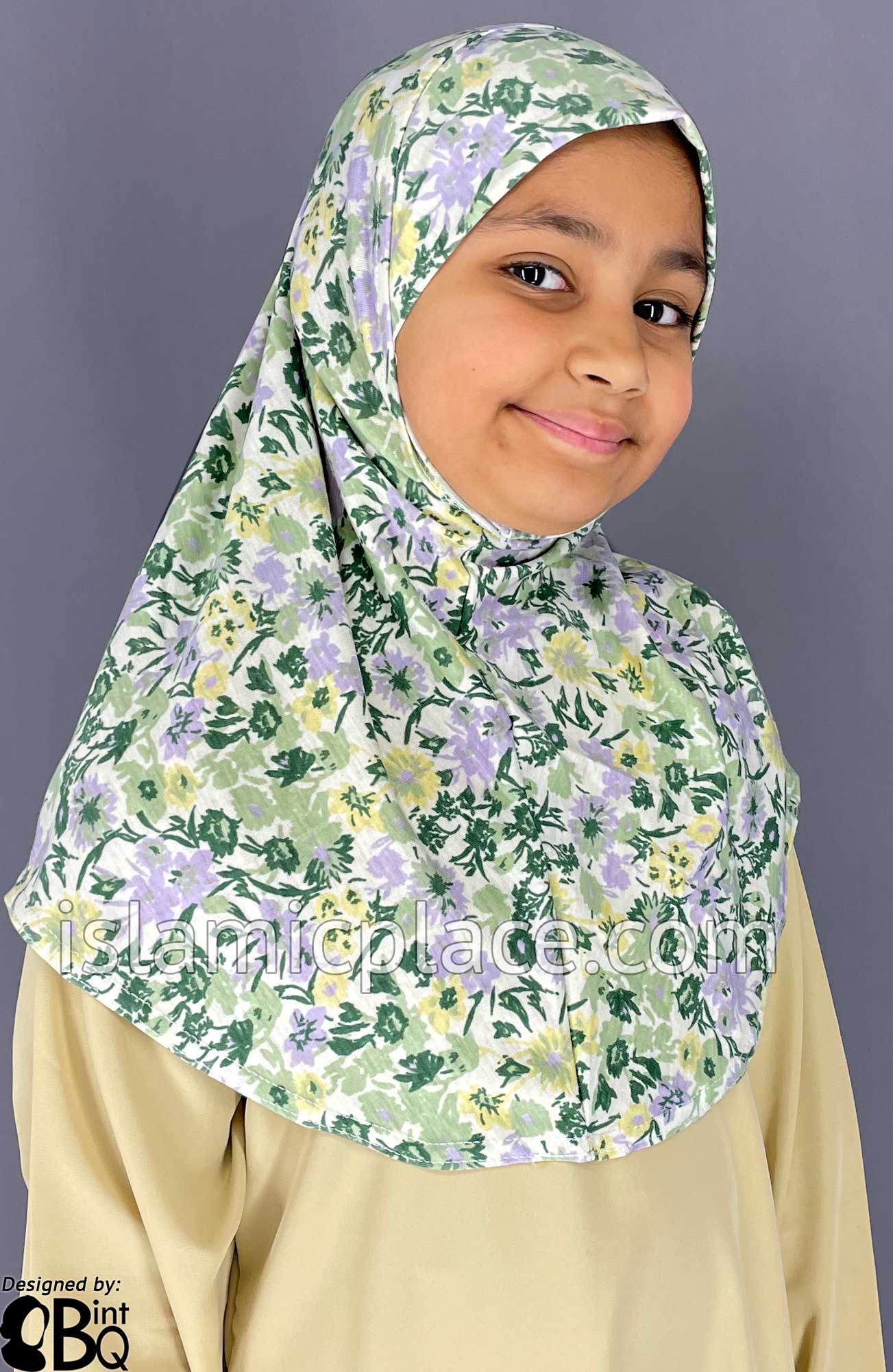 Green, Yellow and Lavender Floral Design - Printed Girl size (1-piece) Hijab Al-Amira