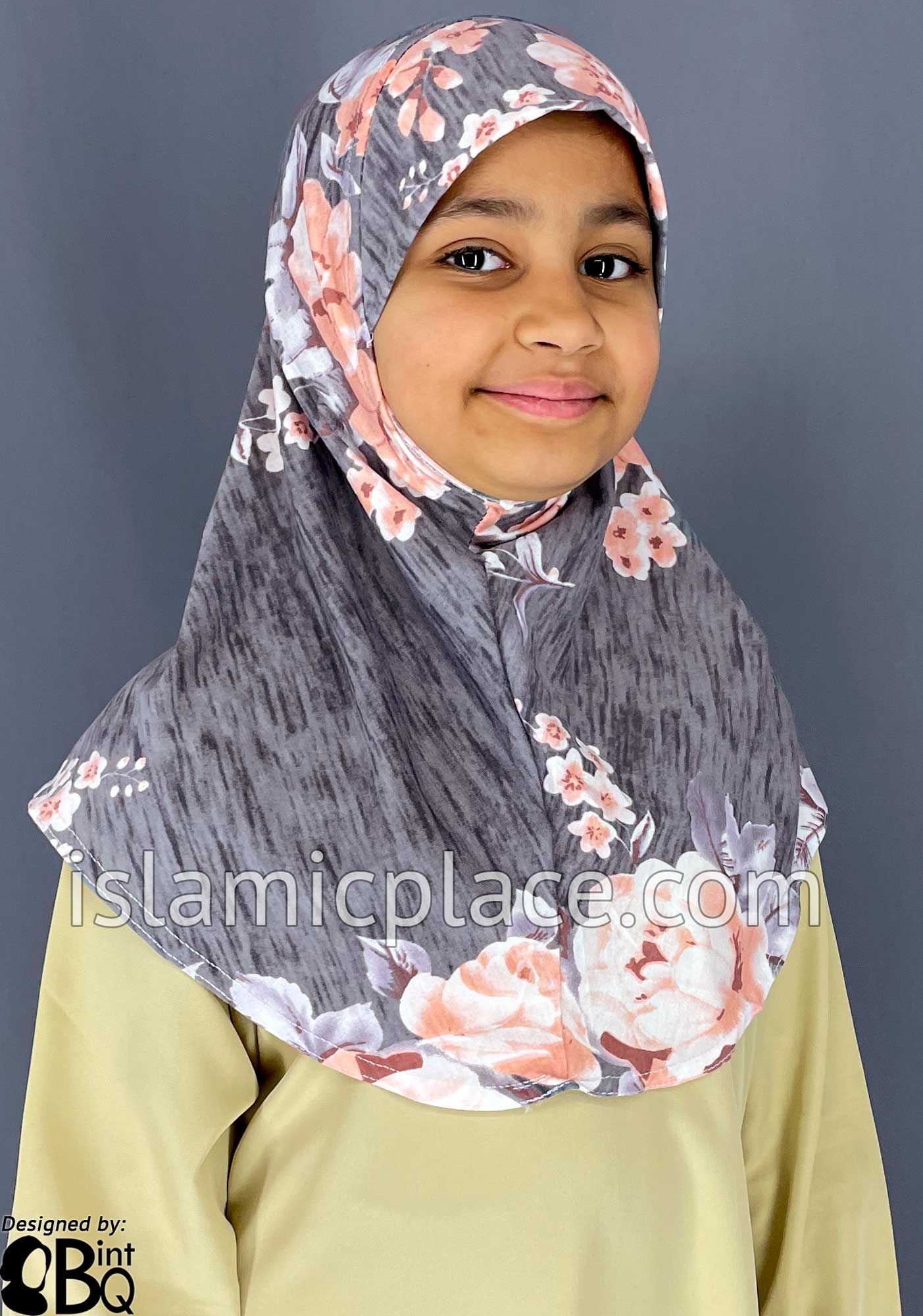 White and Light Coral Floral Design on Gray Base - Printed Girl size (1-piece) Hijab Al-Amira