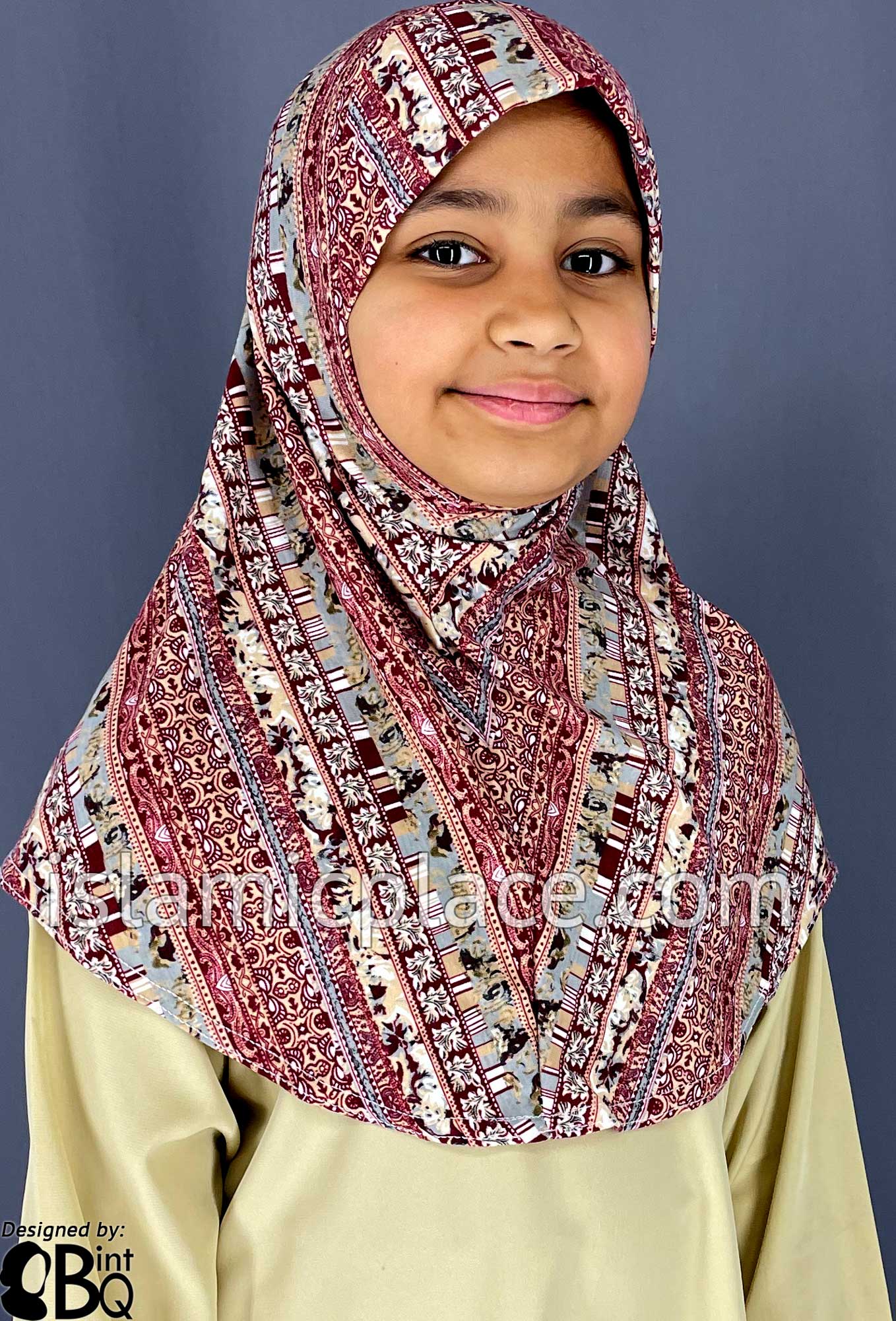 Burgundy, Gray and Tan Multi Pattern - Printed Girl size (1-piece) Hijab Al-Amira