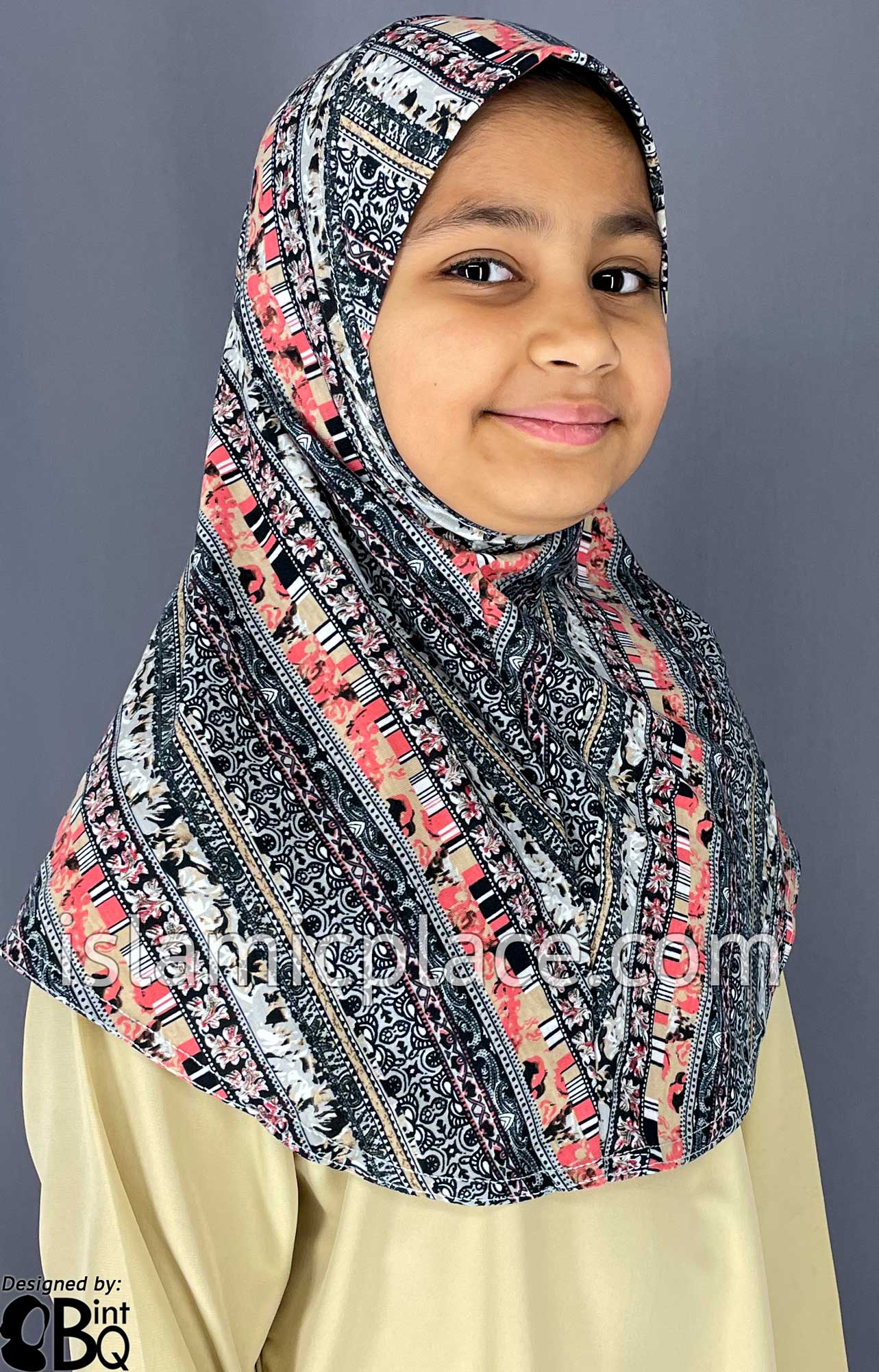 Black, Gray and Coral Multi Pattern - Printed Girl size (1-piece) Hijab Al-Amira