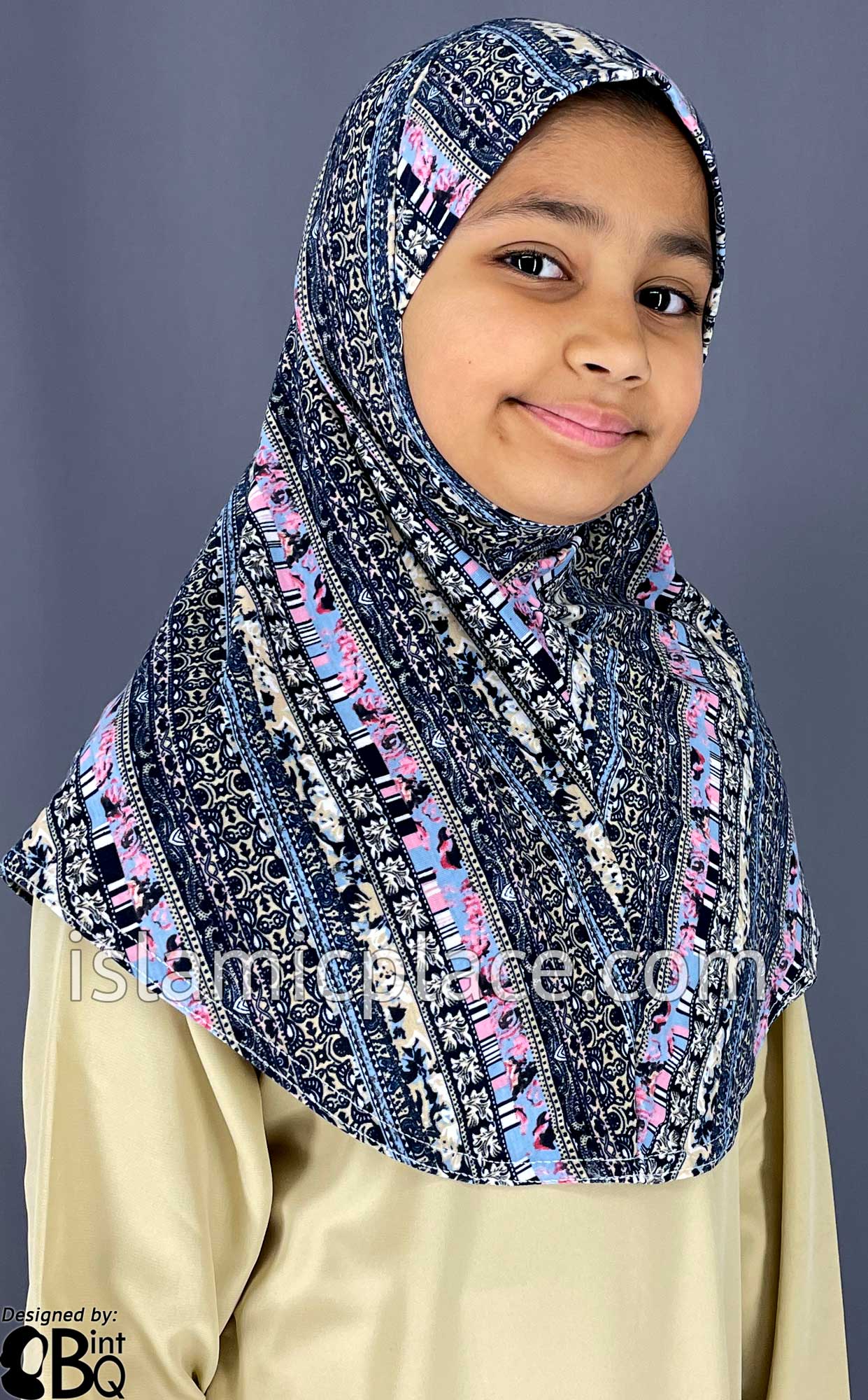 Navy Blue, Tan and Pink Multi Pattern - Printed Girl size (1-piece) Hijab Al-Amira