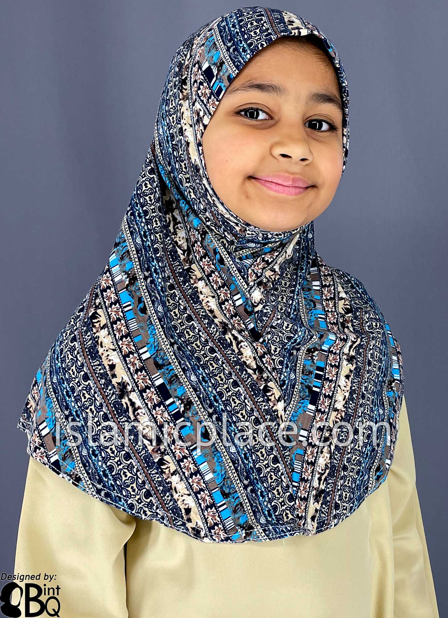Navy Blue, Tan and Aqua Blue Multi Pattern - Printed Girl size (1-piece) Hijab Al-Amira